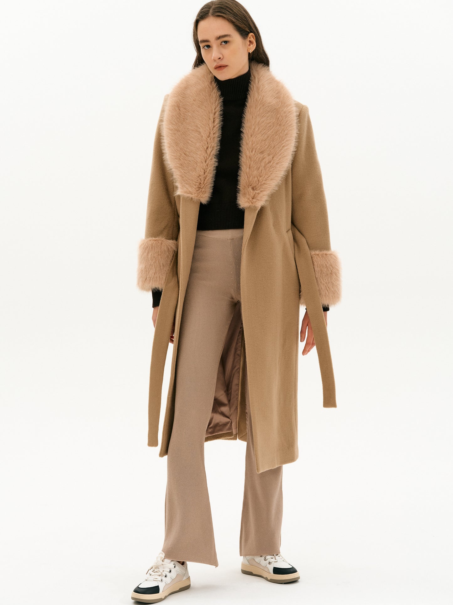 Faux-Fur Wool Coat, Cognac