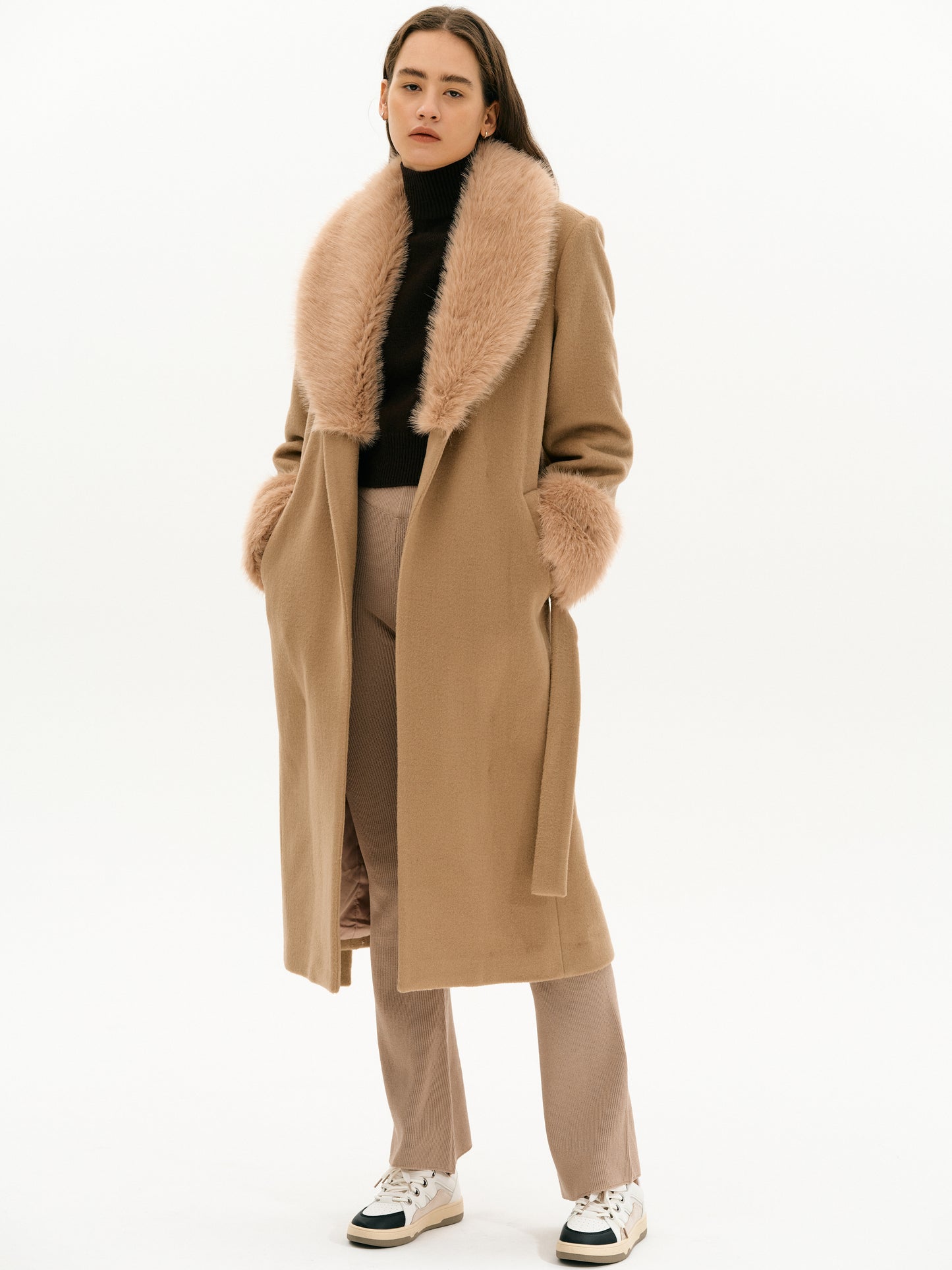 Faux-Fur Wool Coat, Cognac