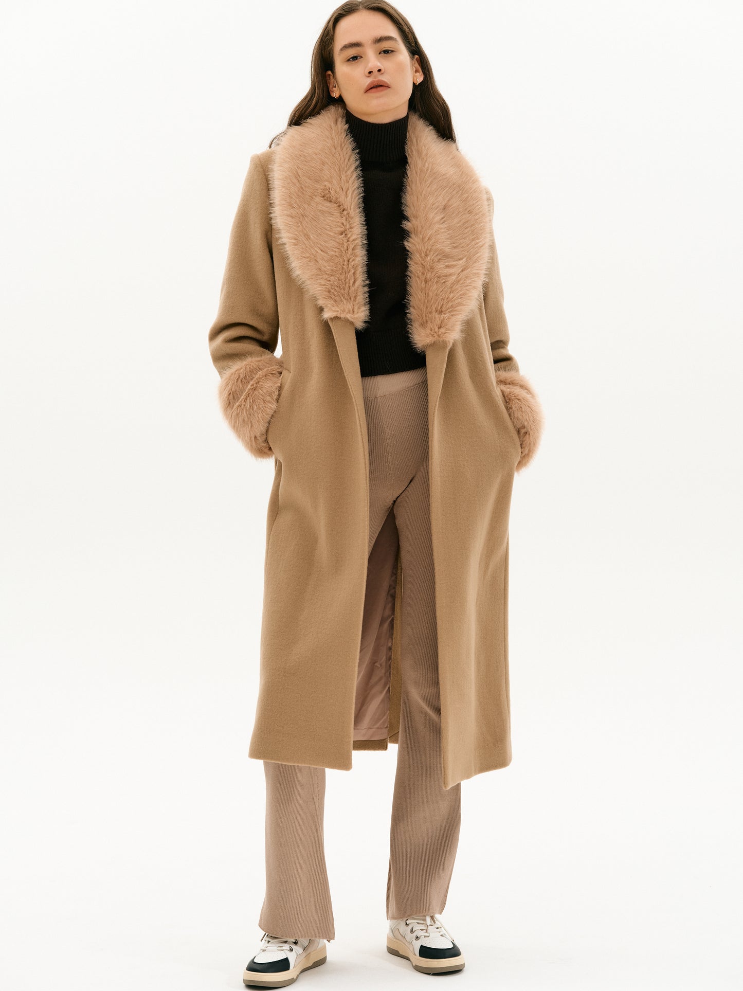 Faux-Fur Wool Coat, Cognac