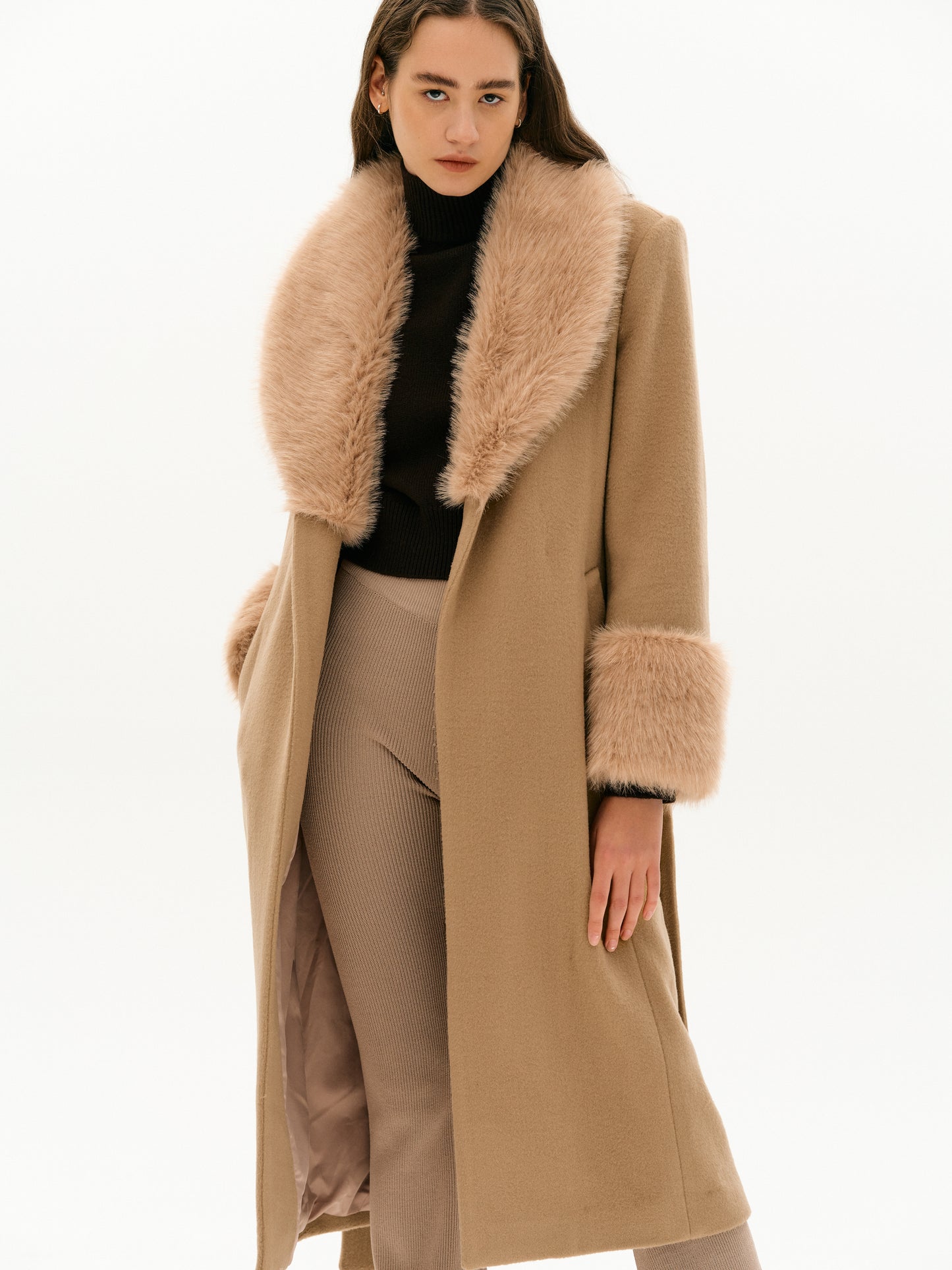 Faux-Fur Wool Coat, Cognac