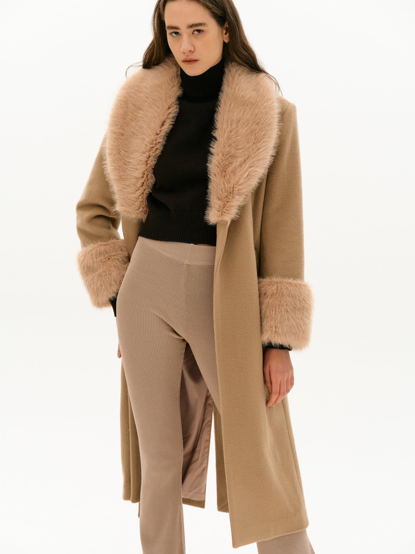 Faux-Fur Wool Coat, Cognac