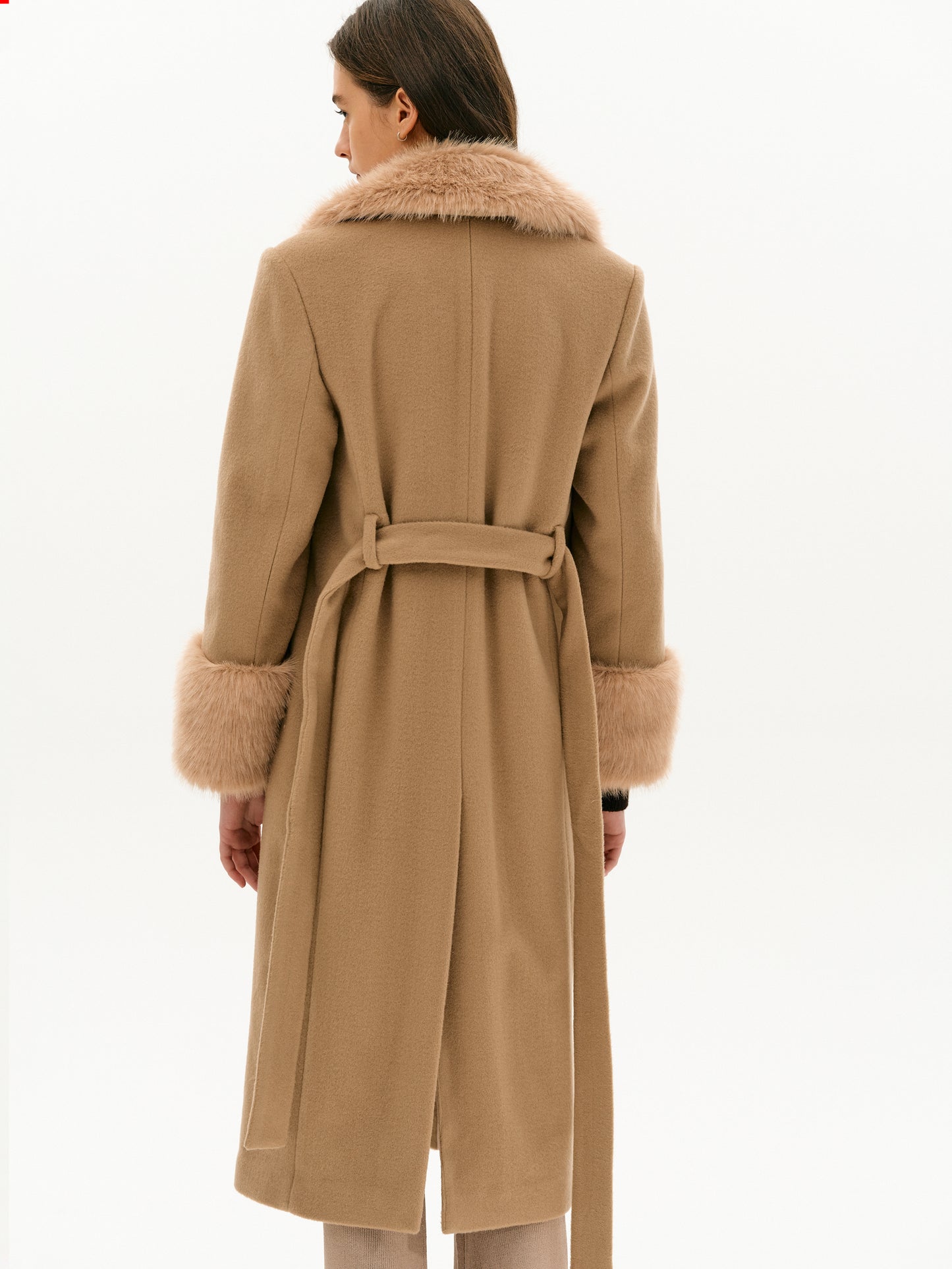 Faux-Fur Wool Coat, Cognac