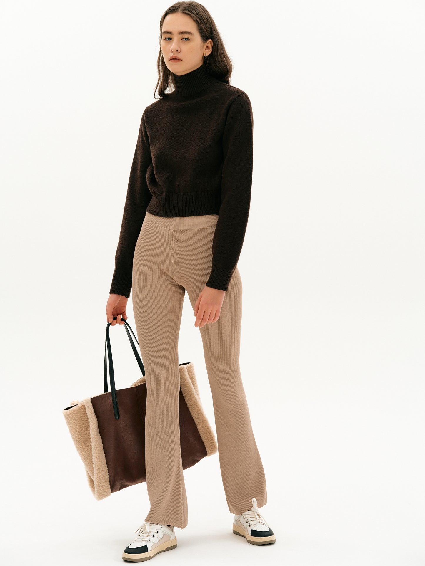 Bootcut Ribbed Leggings, Latte