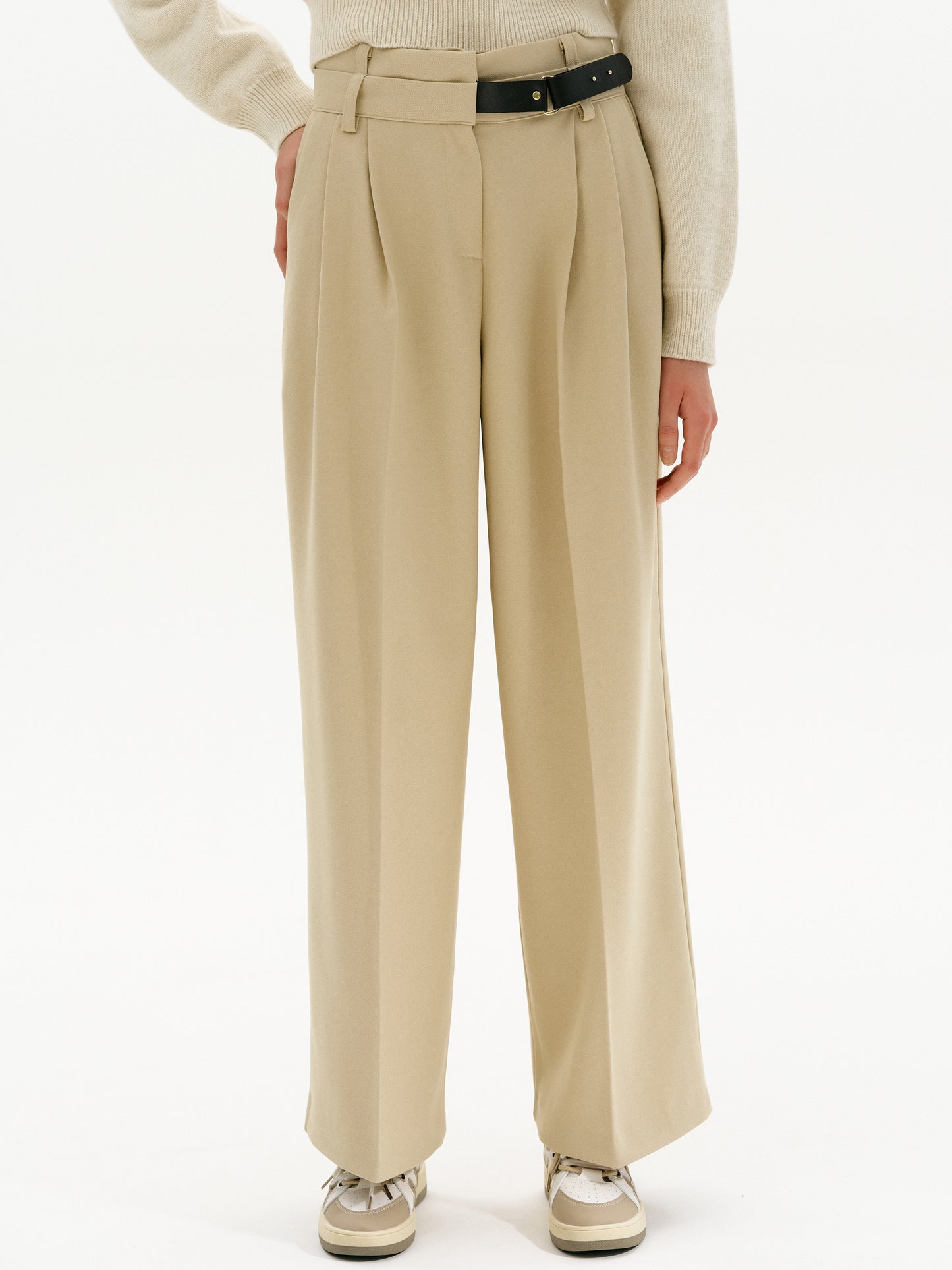 Half Belted O-ring Trousers, Sand Beige