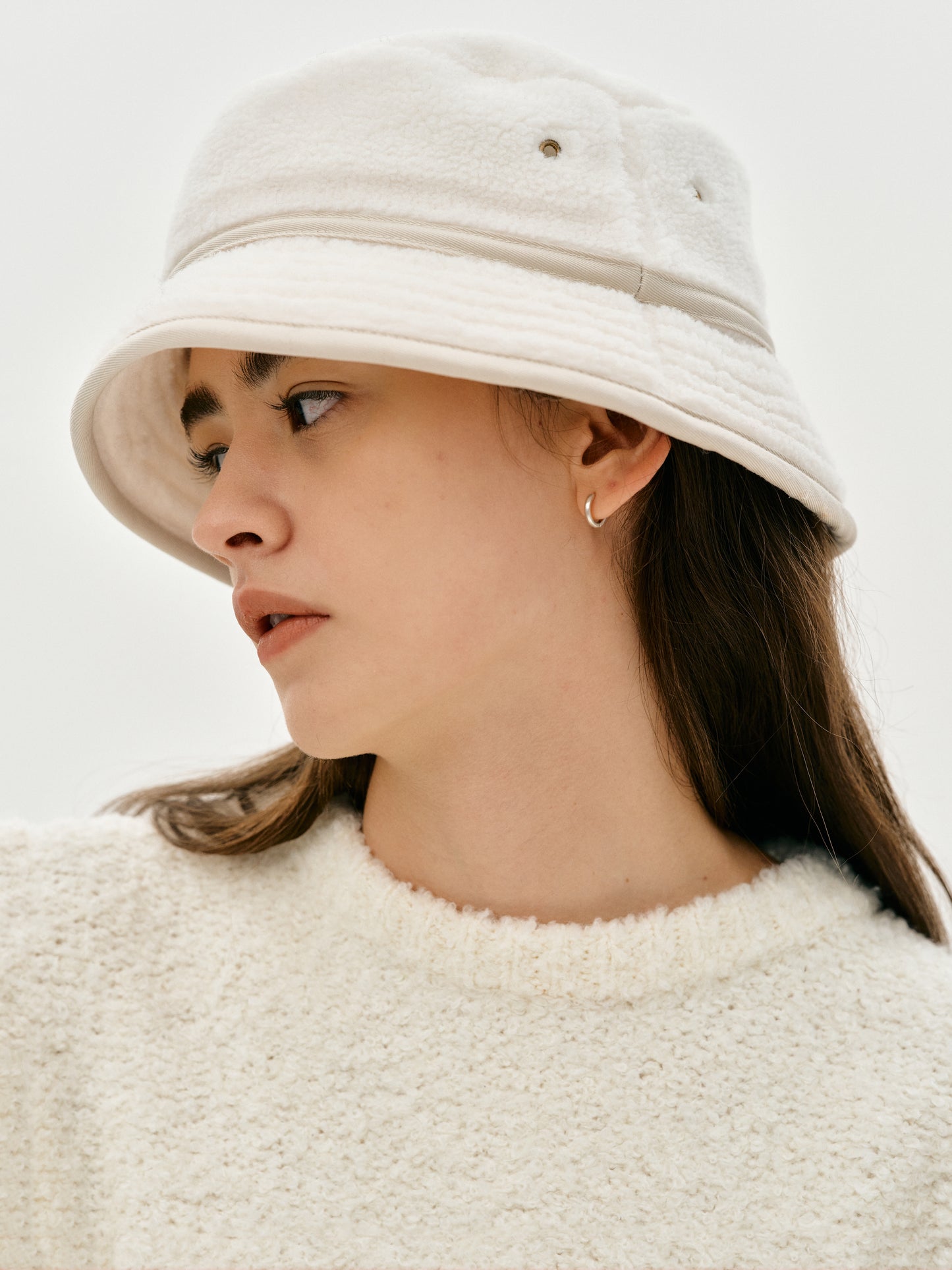 Bouclé Shearling Bucket Hat, Cream