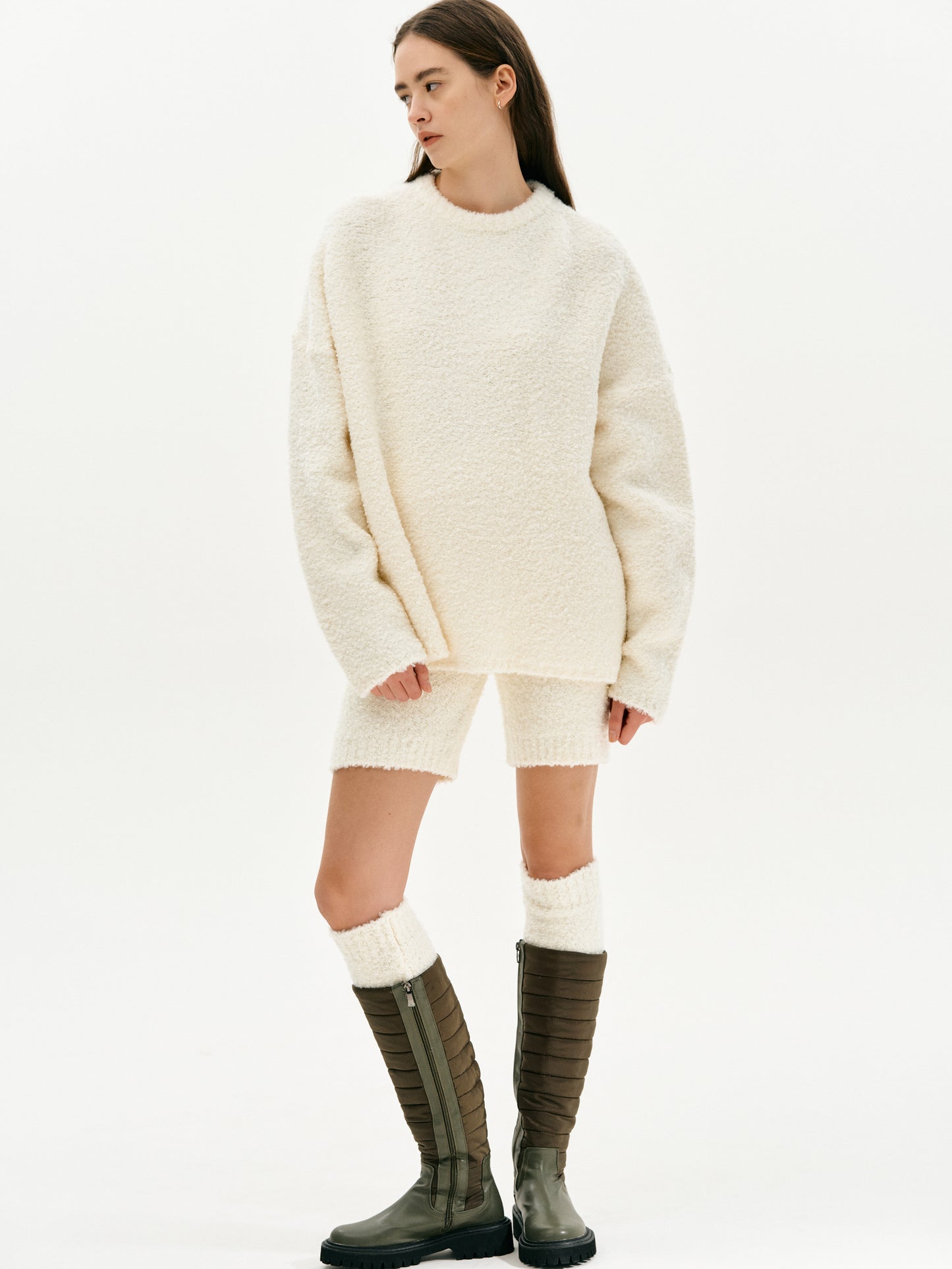 3 Piece Cozy Bouclé Sweater Set, Creme
