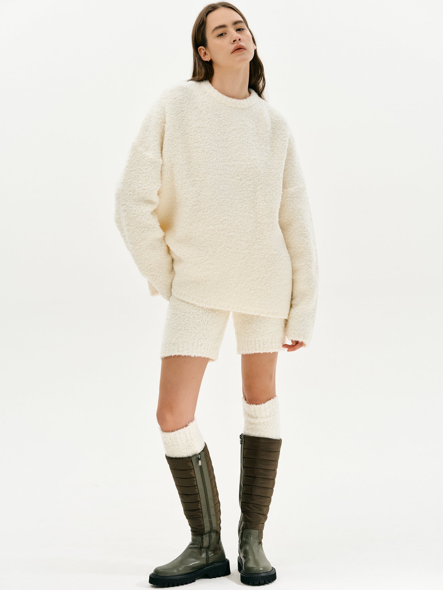 3 Piece Cozy Bouclé Sweater Set, Creme