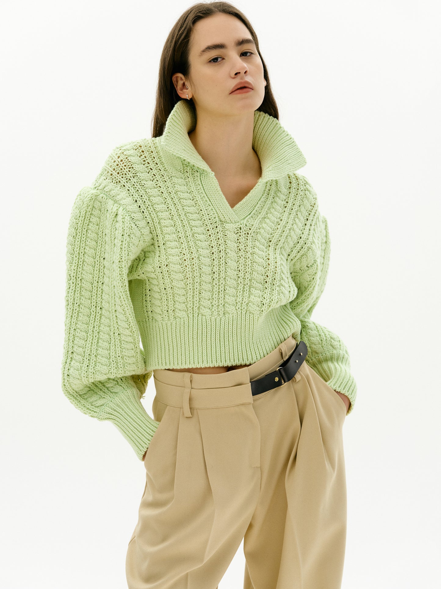 Puff Shoulder Cable Knit Sweater, Lime