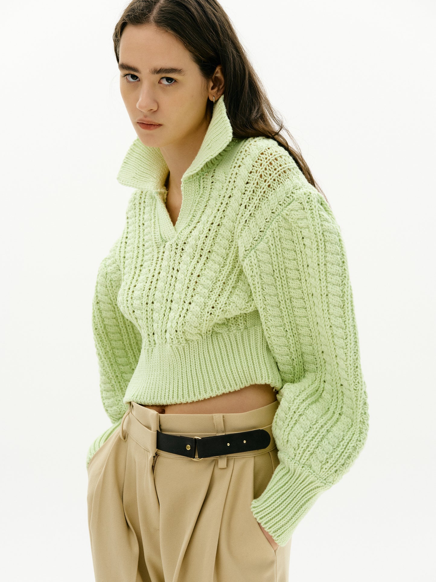 Puff Shoulder Cable Knit Sweater, Lime