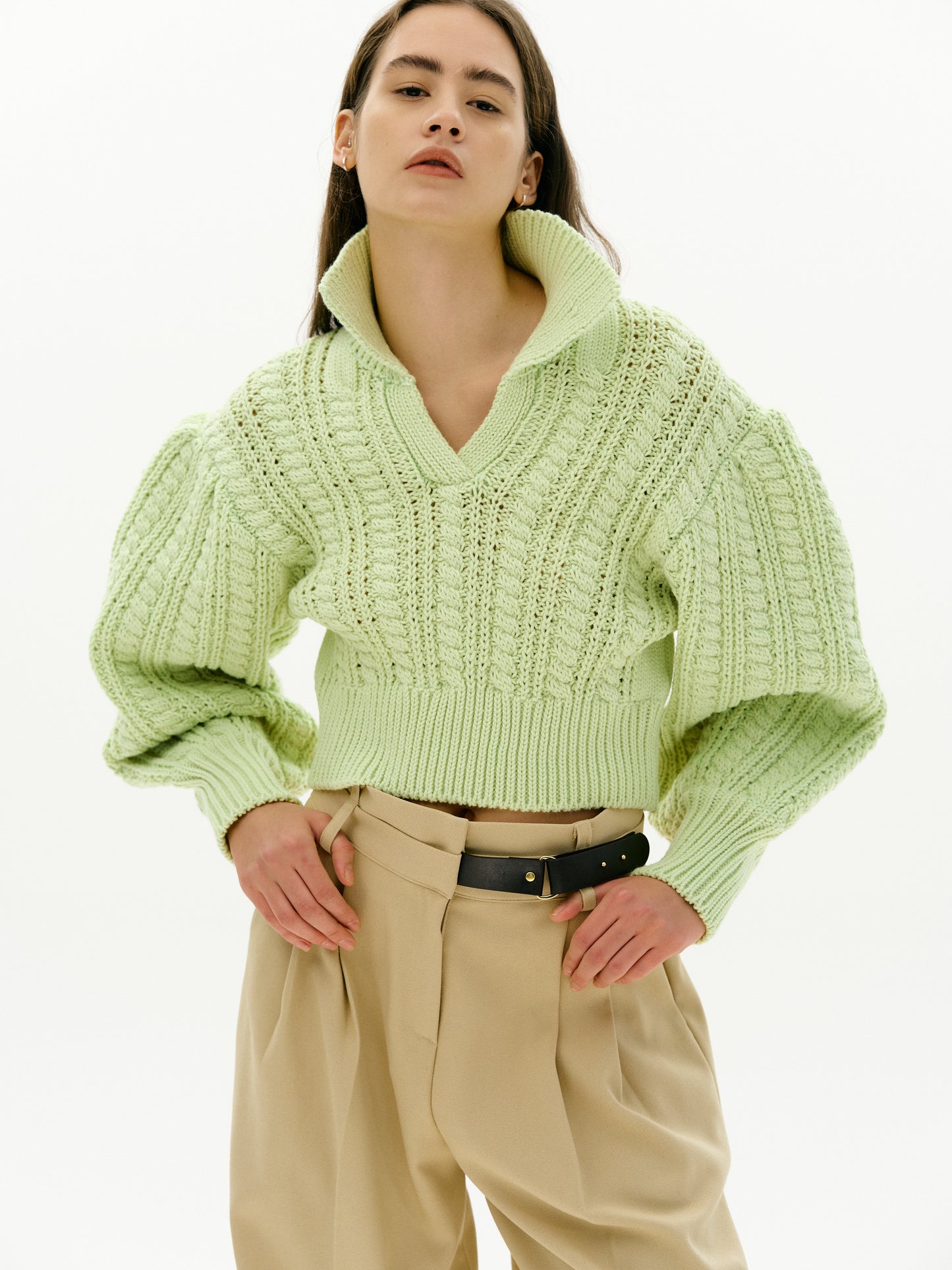 Puff Shoulder Cable Knit Sweater, Lime