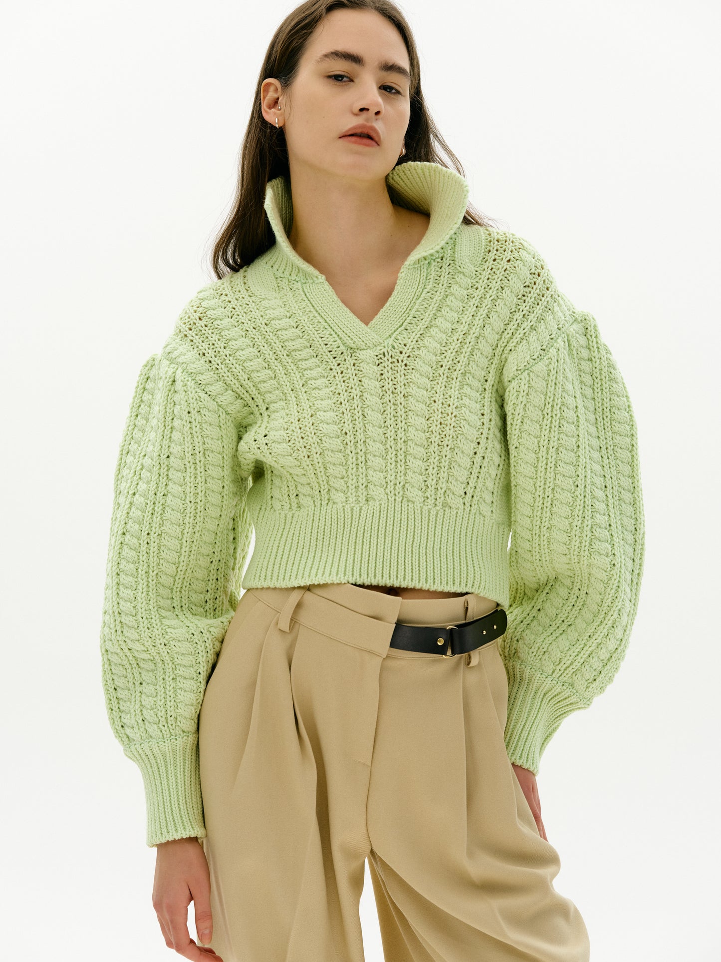 Puff Shoulder Cable Knit Sweater, Lime