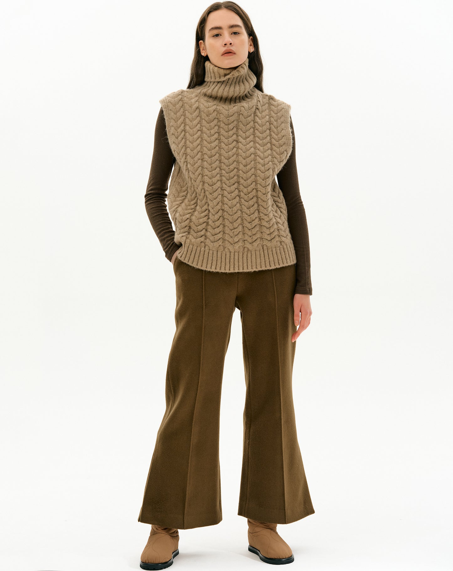 Cable Knit Sleeveless Turtleneck, Biscuit