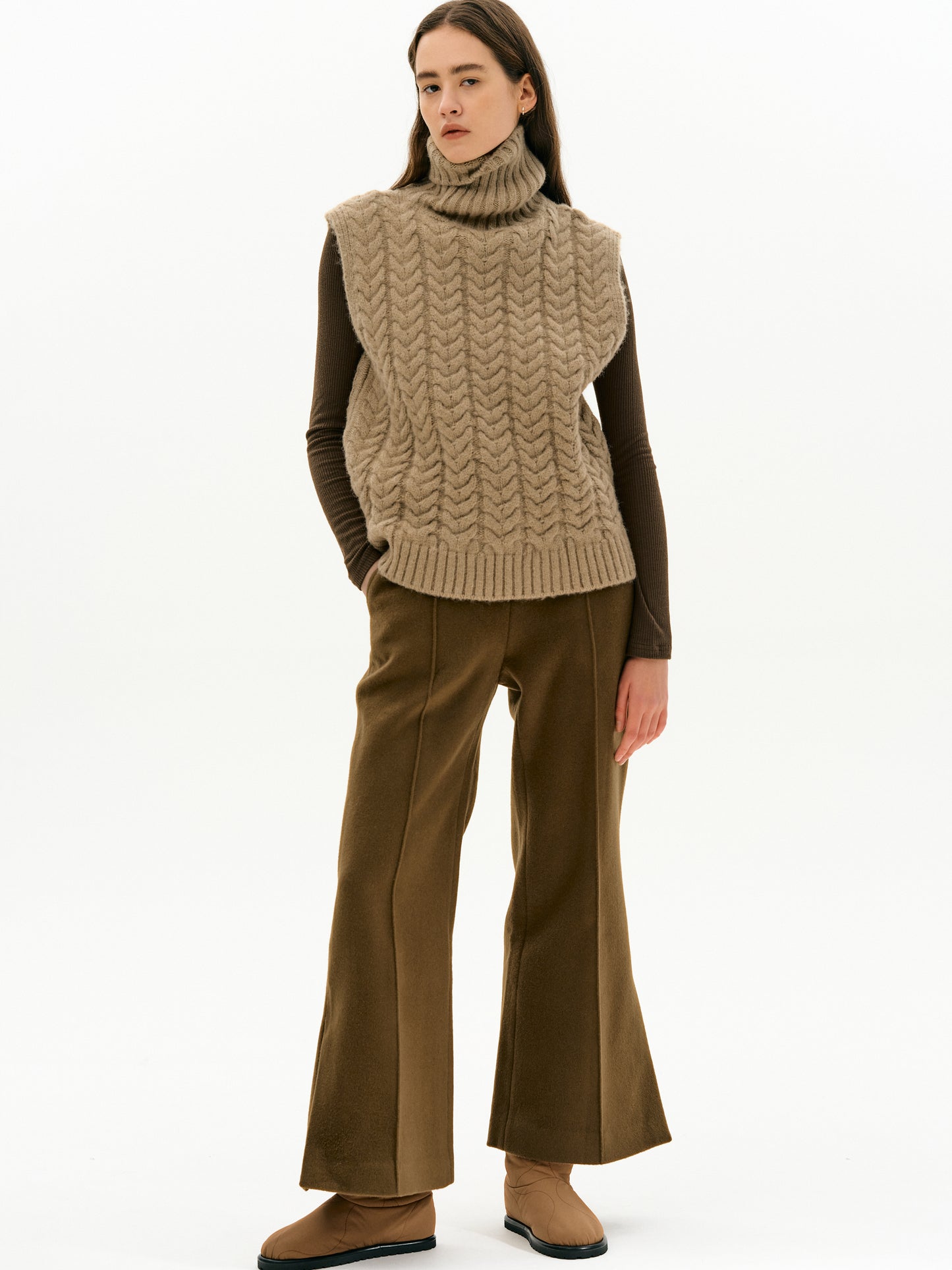 Cable Knit Sleeveless Turtleneck, Biscuit