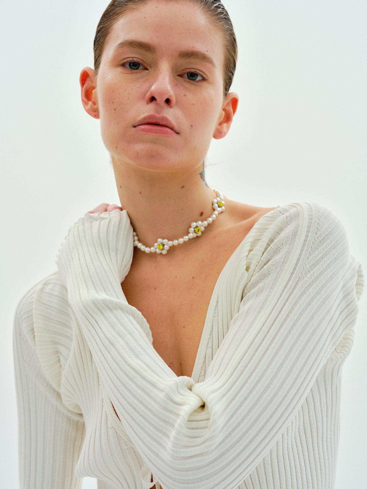 Floral Bead & Pearl Choker, White