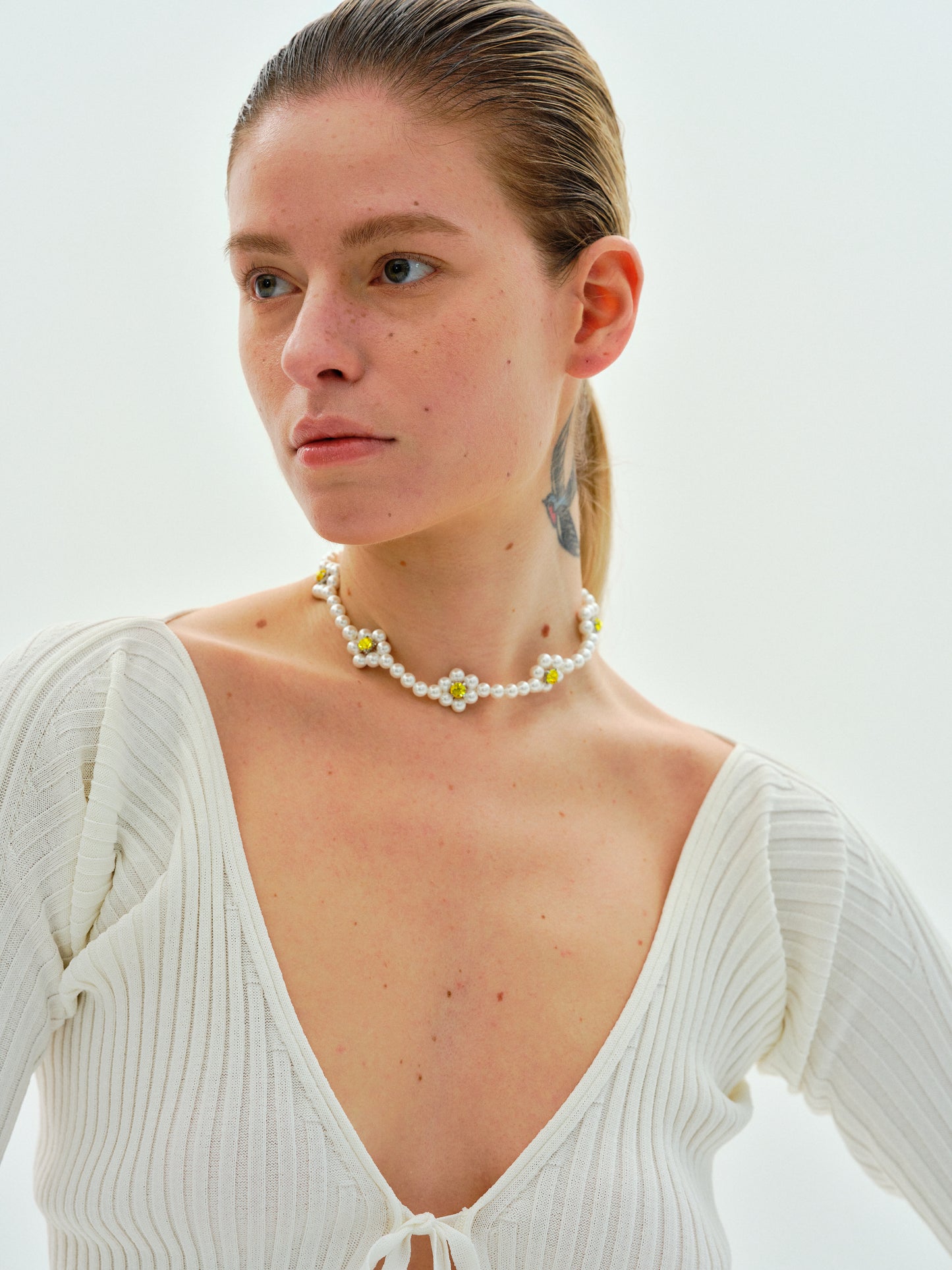 Floral Bead & Pearl Choker, White