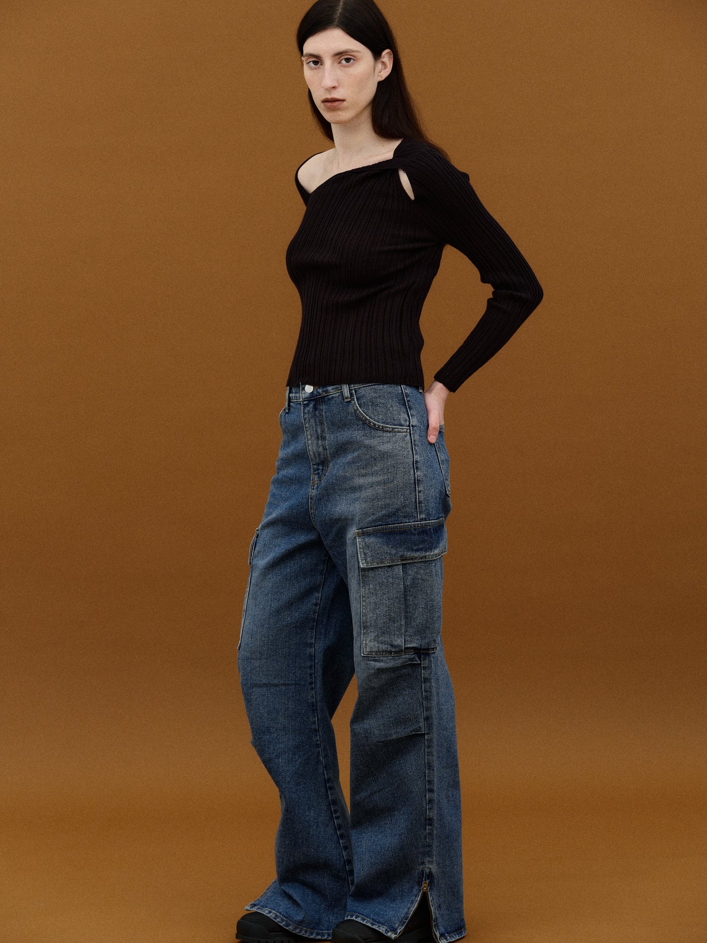Side Slit Denim Pants, Blue