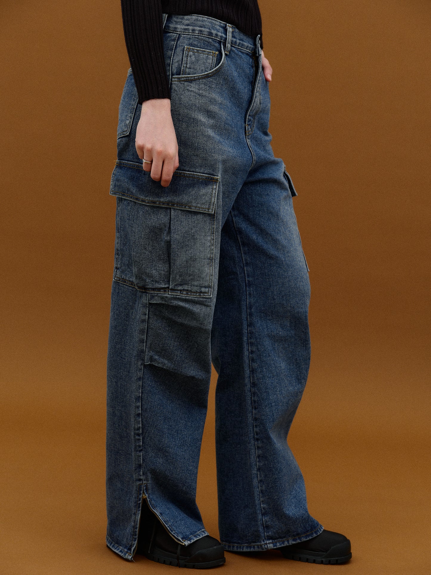 Side Slit Denim Pants, Blue