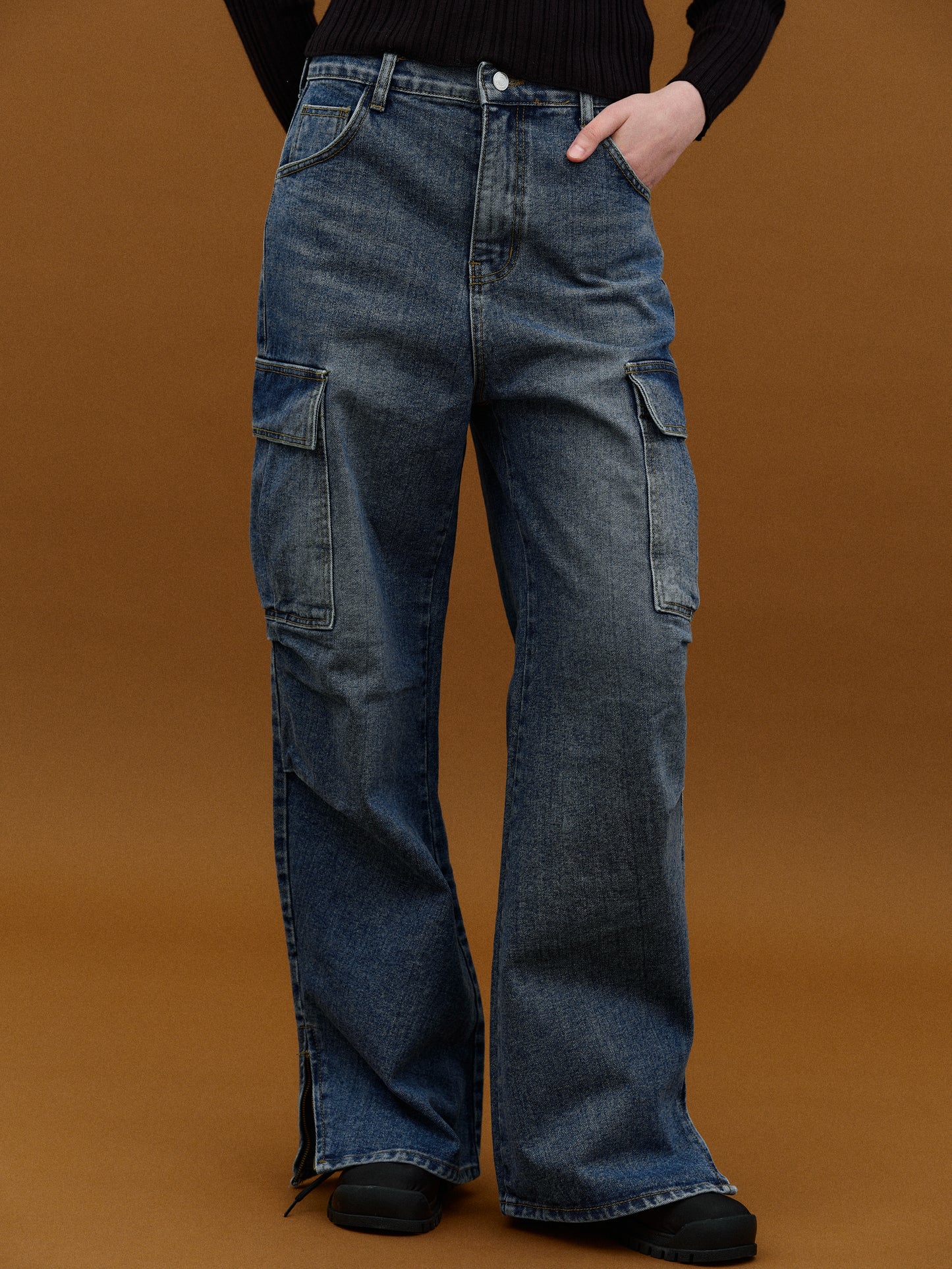 Side Slit Denim Pants, Blue