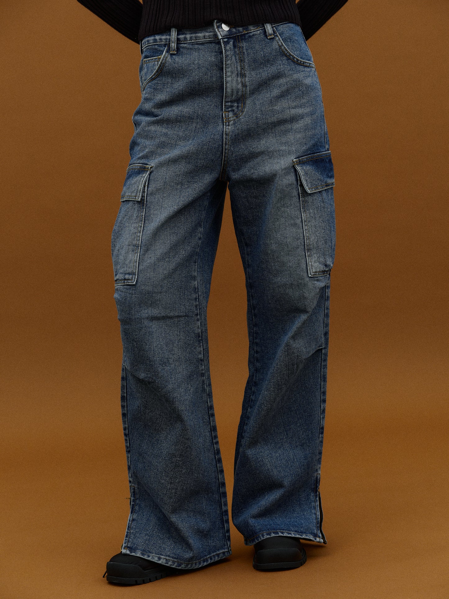 Side Slit Denim Pants, Blue