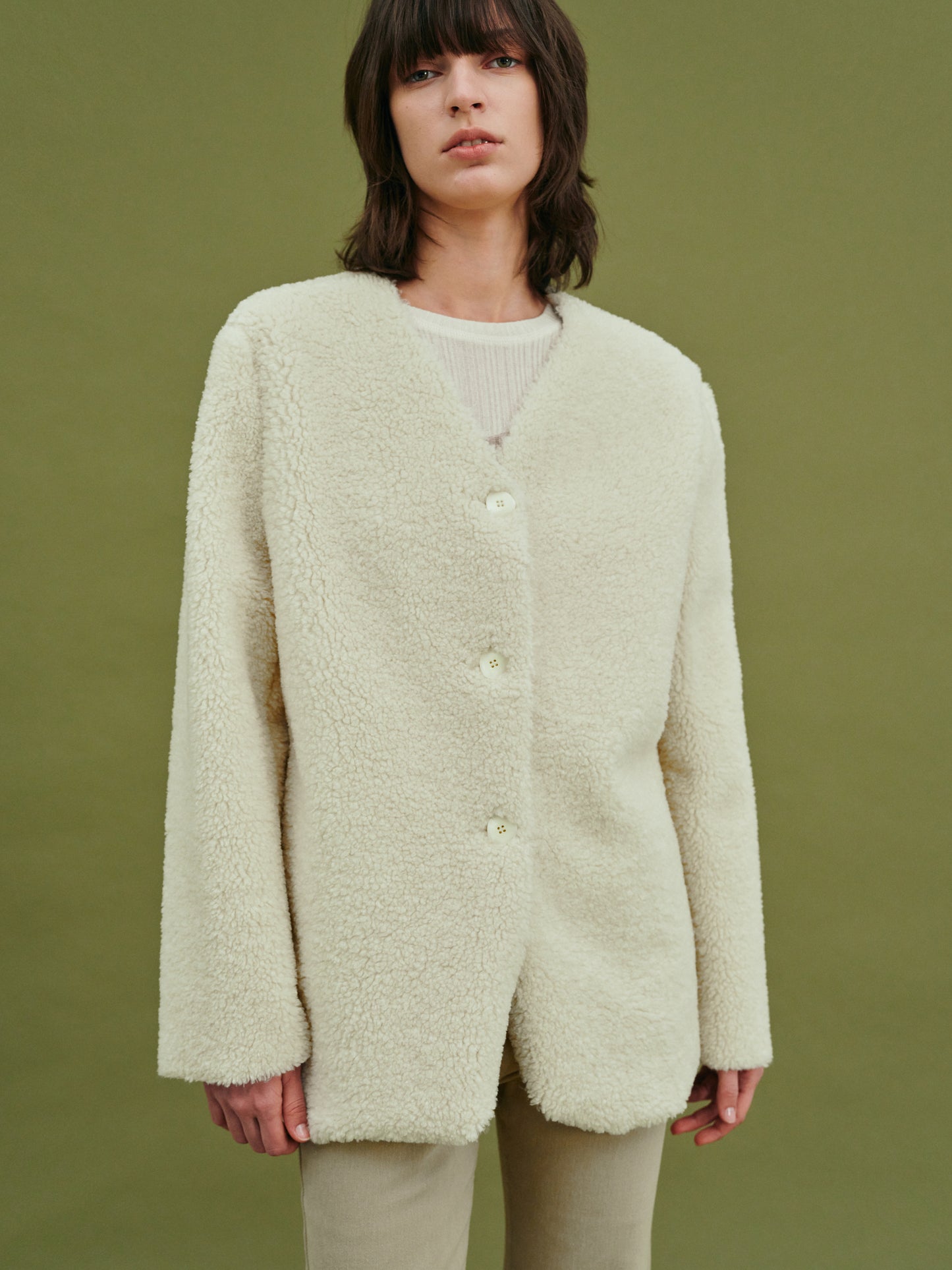 Collarless Shearling Blazer, Sugar Cookie
