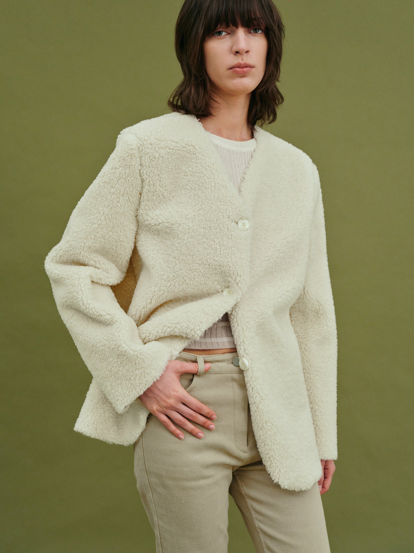 Collarless Shearling Blazer, Sugar Cookie