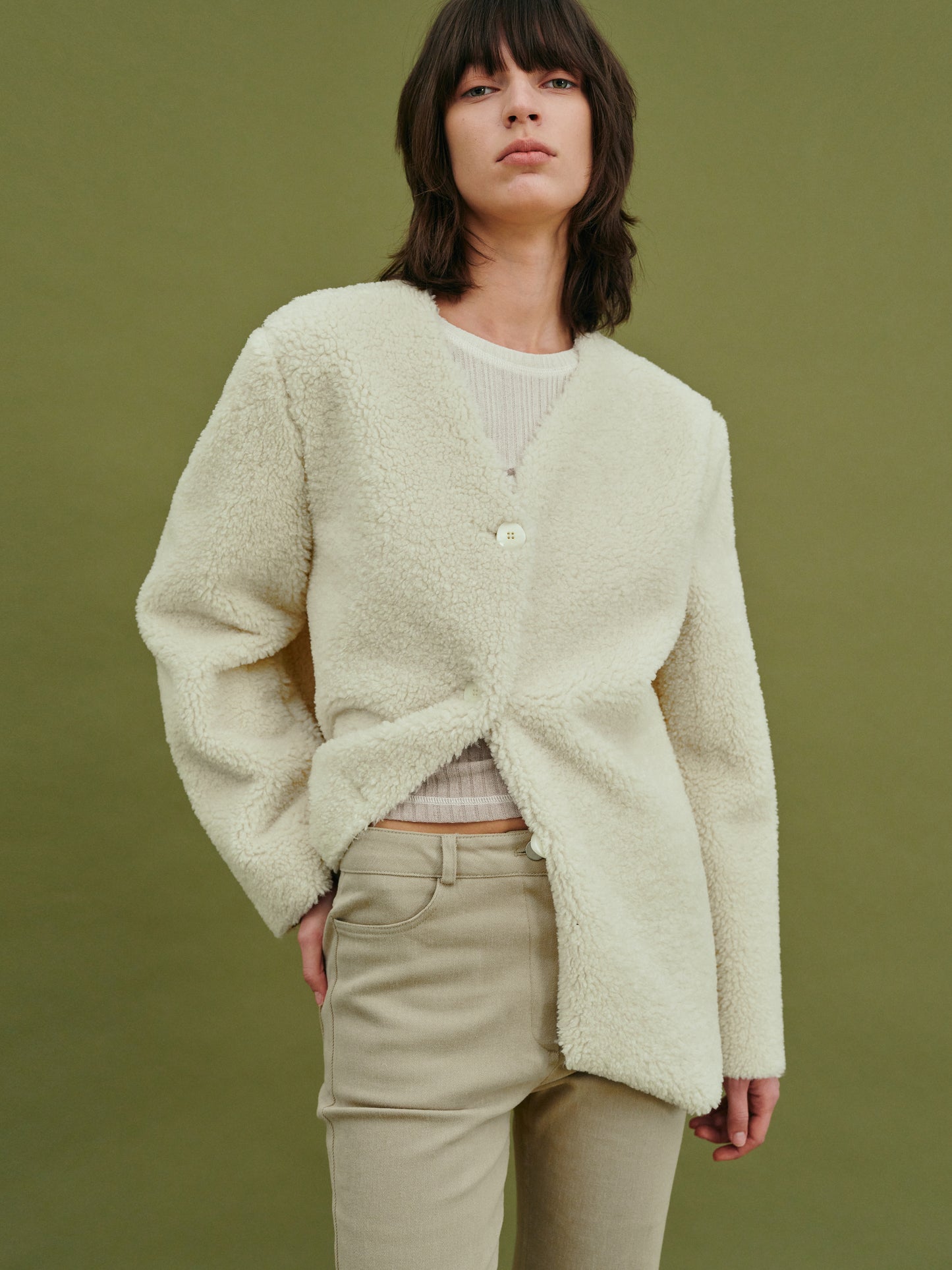 Collarless Shearling Blazer, Sugar Cookie