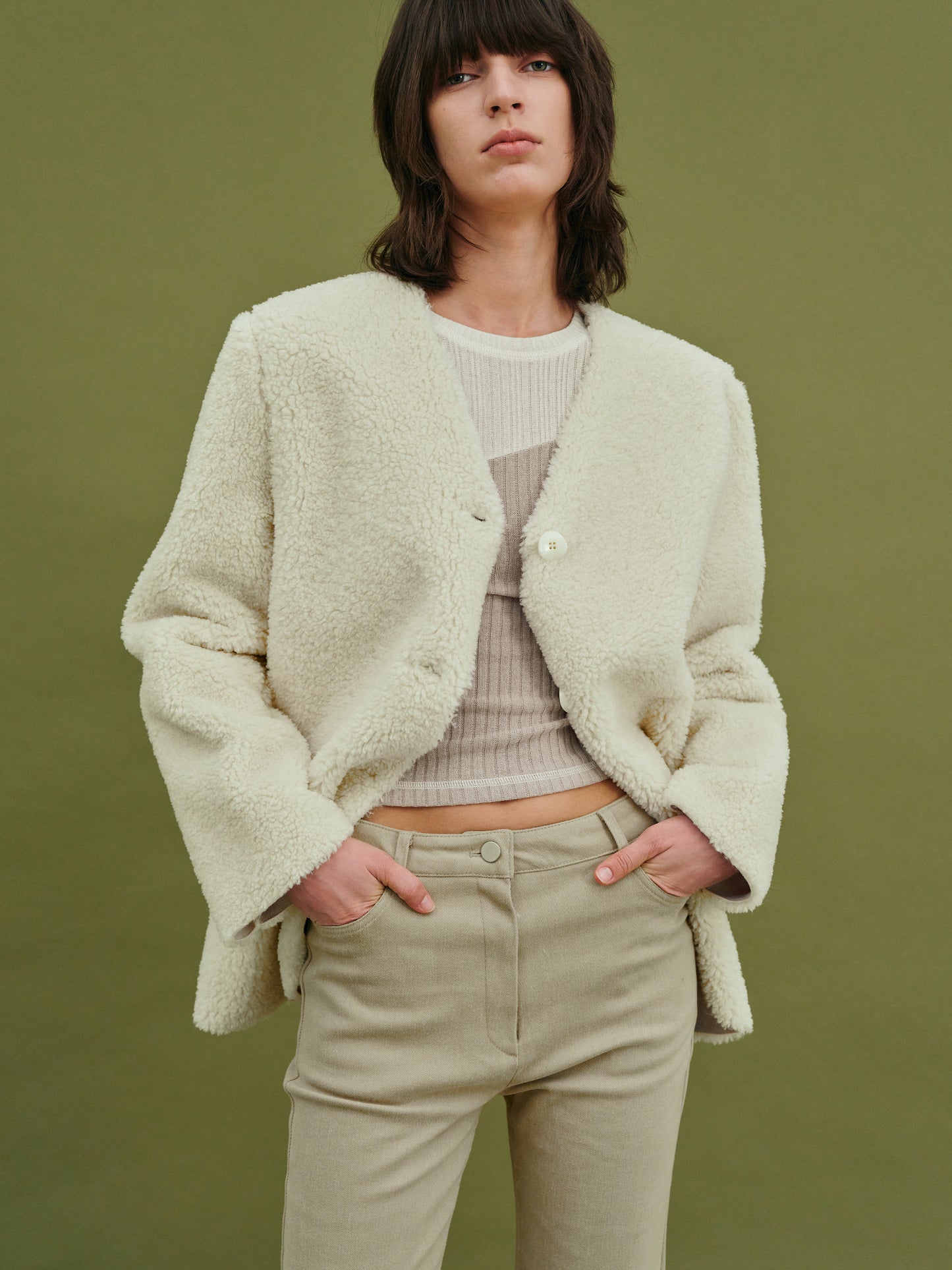 Collarless Shearling Blazer, Sugar Cookie