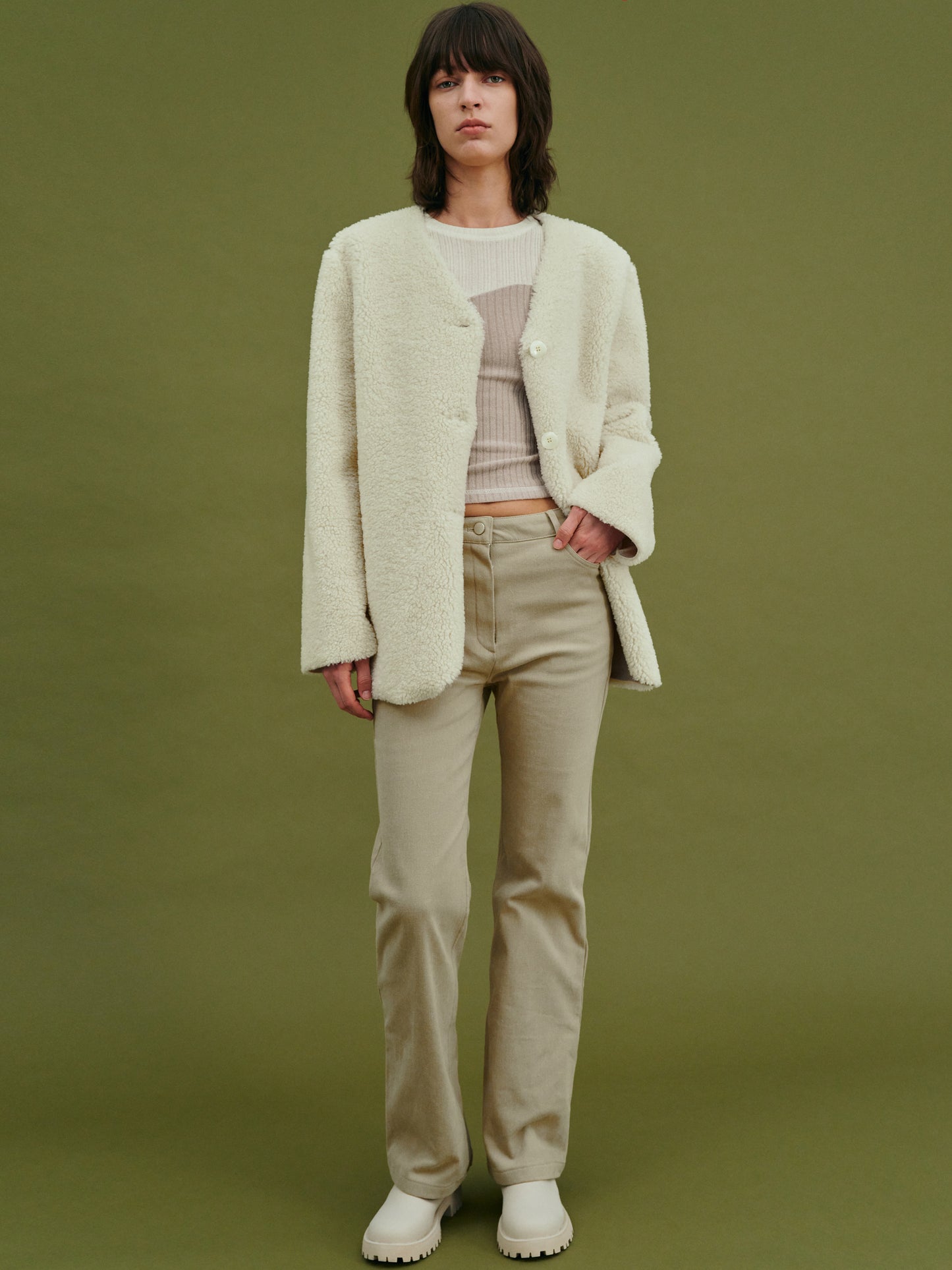 Collarless Shearling Blazer, Sugar Cookie