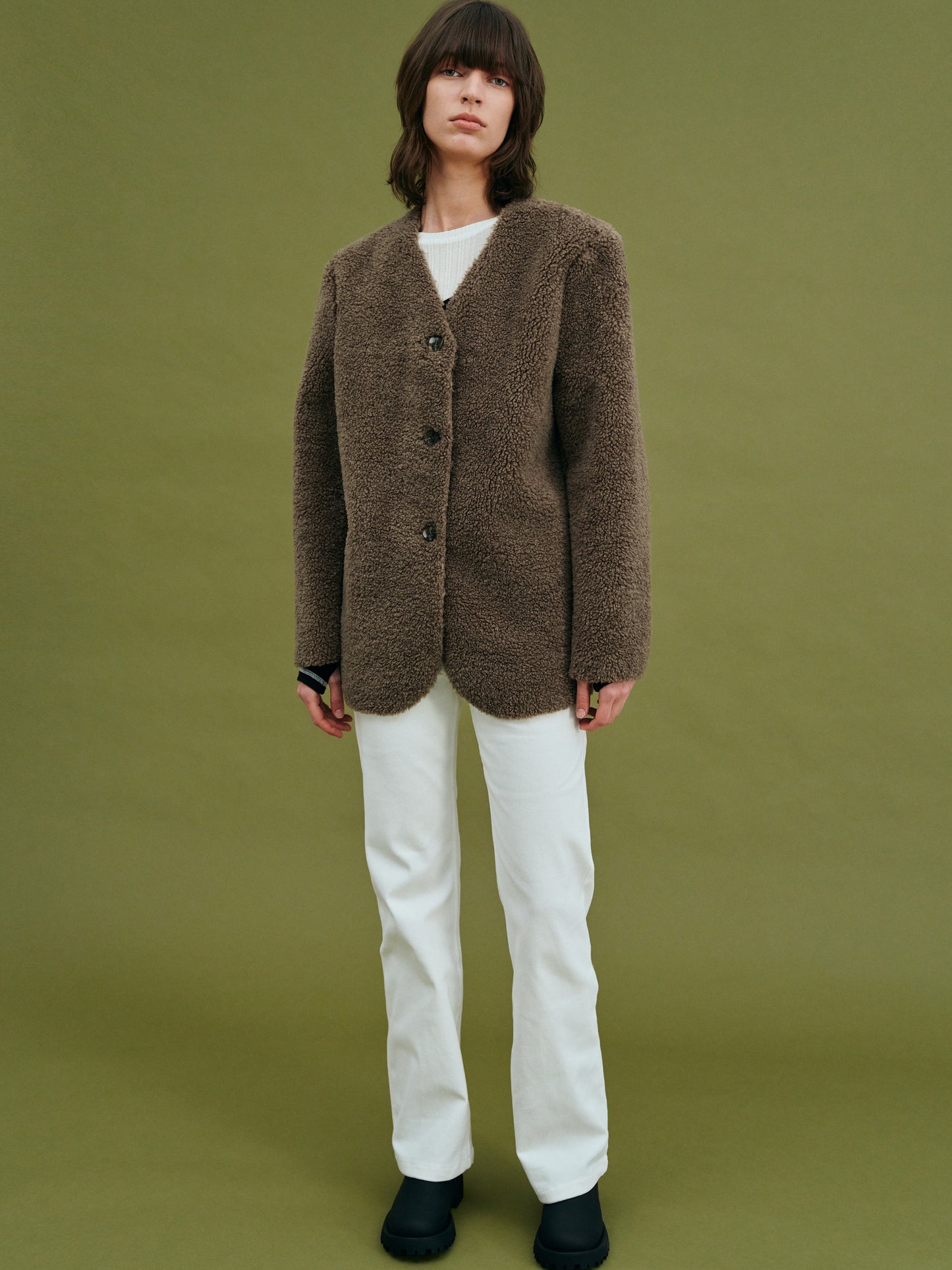 Collarless Shearling Blazer, Coffee