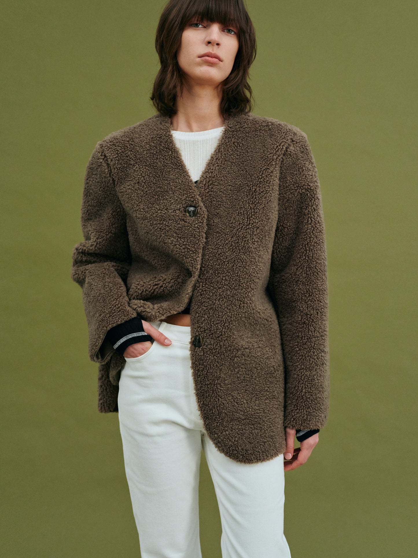 Collarless Shearling Blazer, Coffee