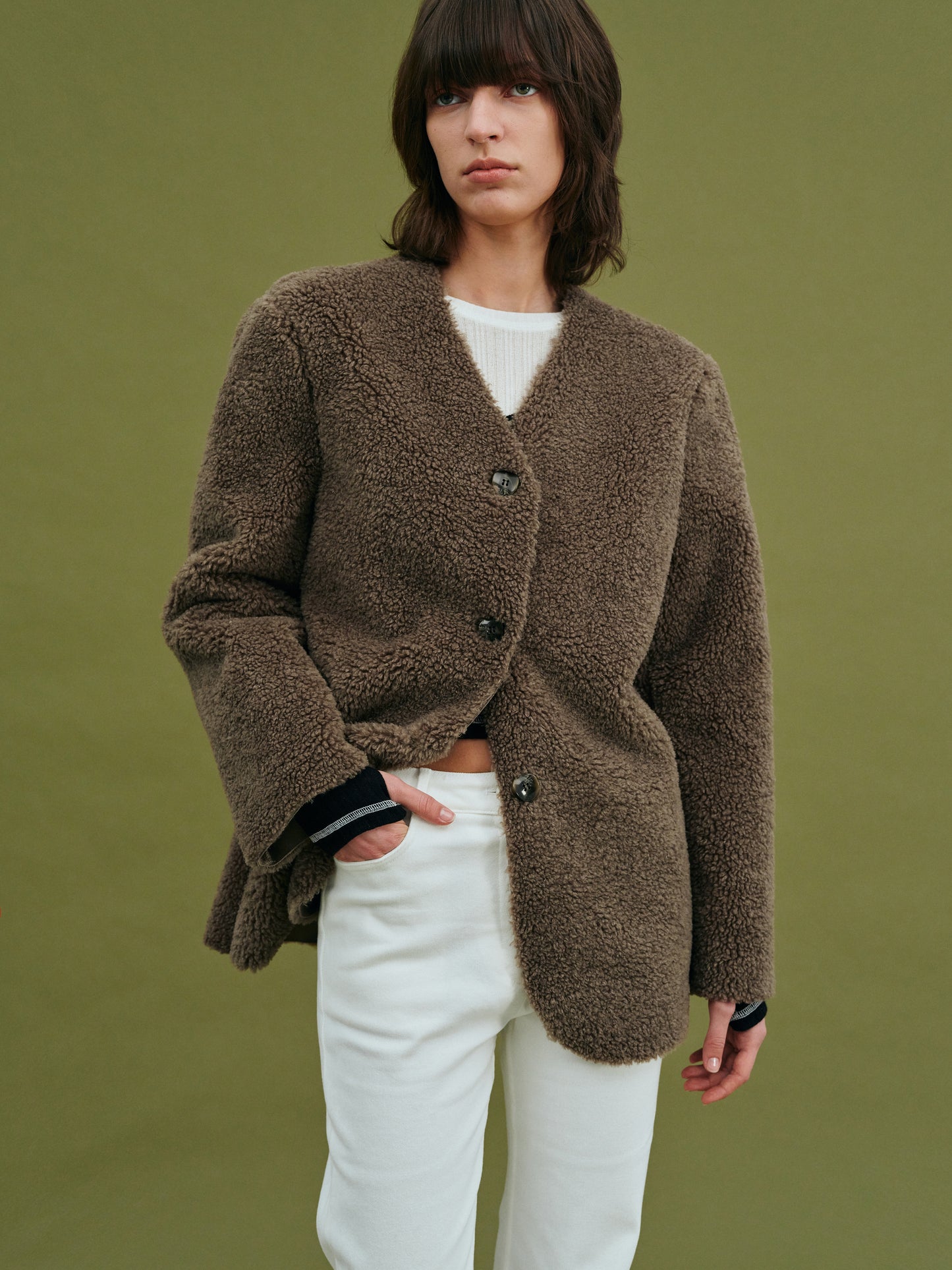 Collarless Shearling Blazer, Coffee