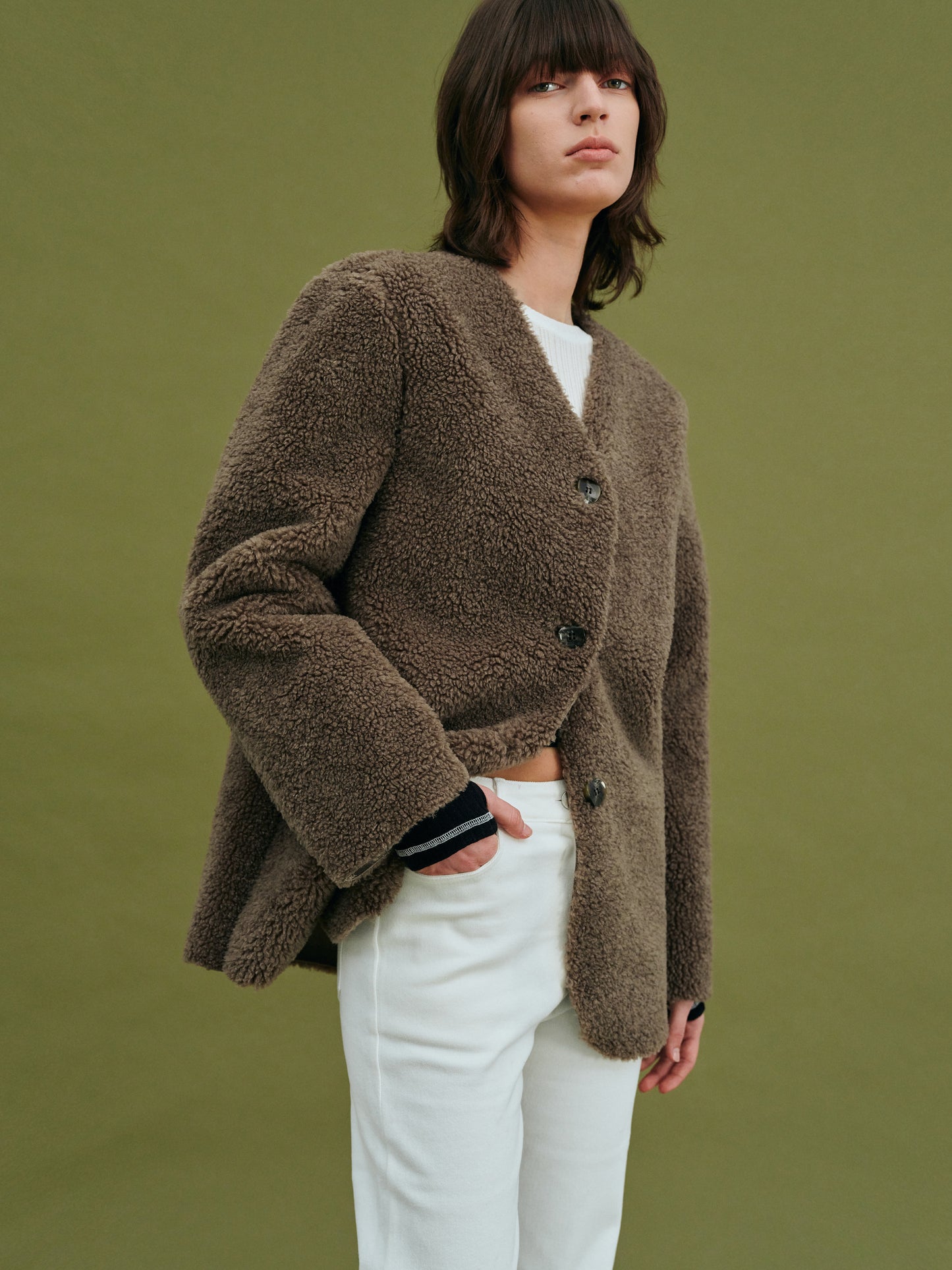 Collarless Shearling Blazer, Coffee