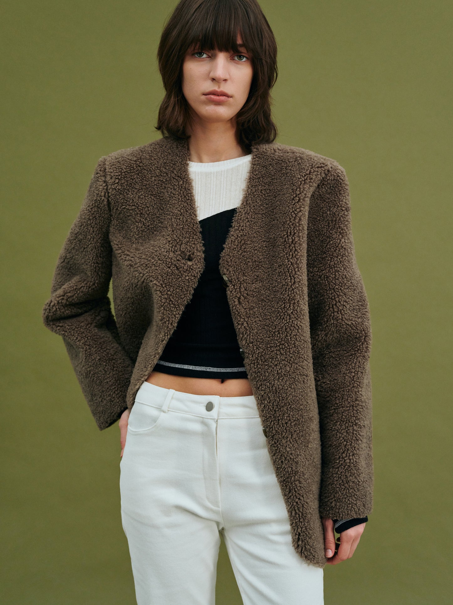 Collarless Shearling Blazer, Coffee