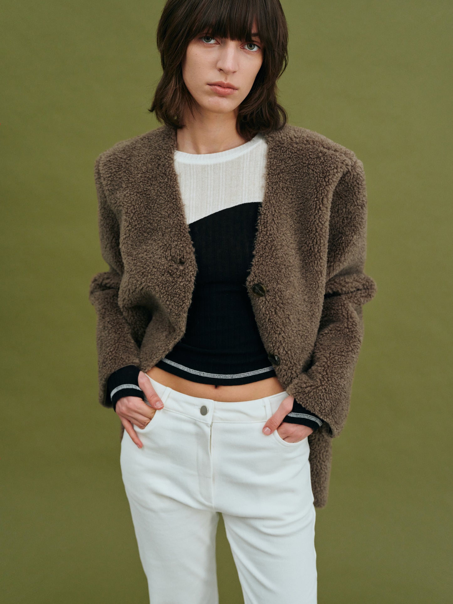 Collarless Shearling Blazer, Coffee