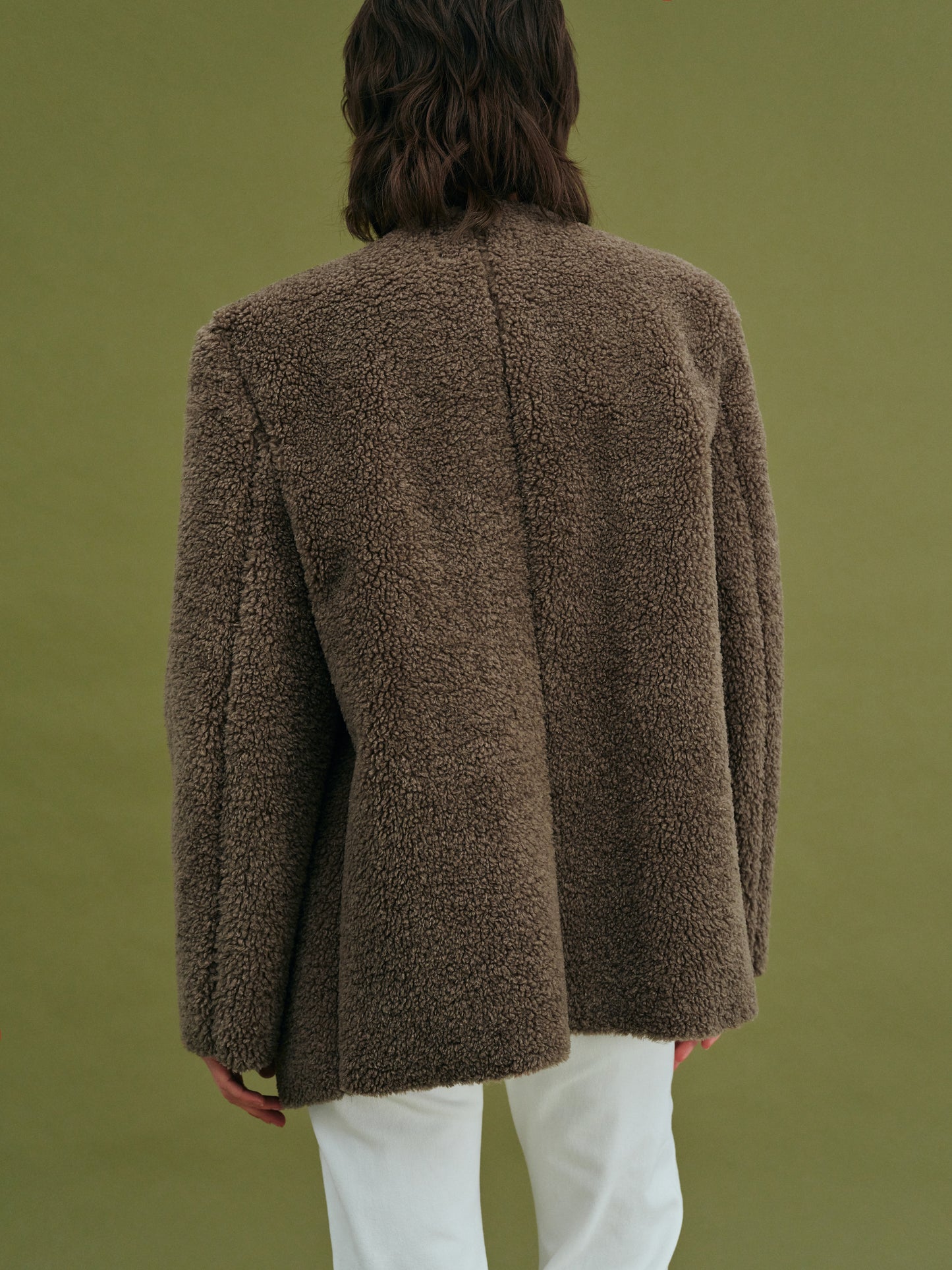 Collarless Shearling Blazer, Coffee