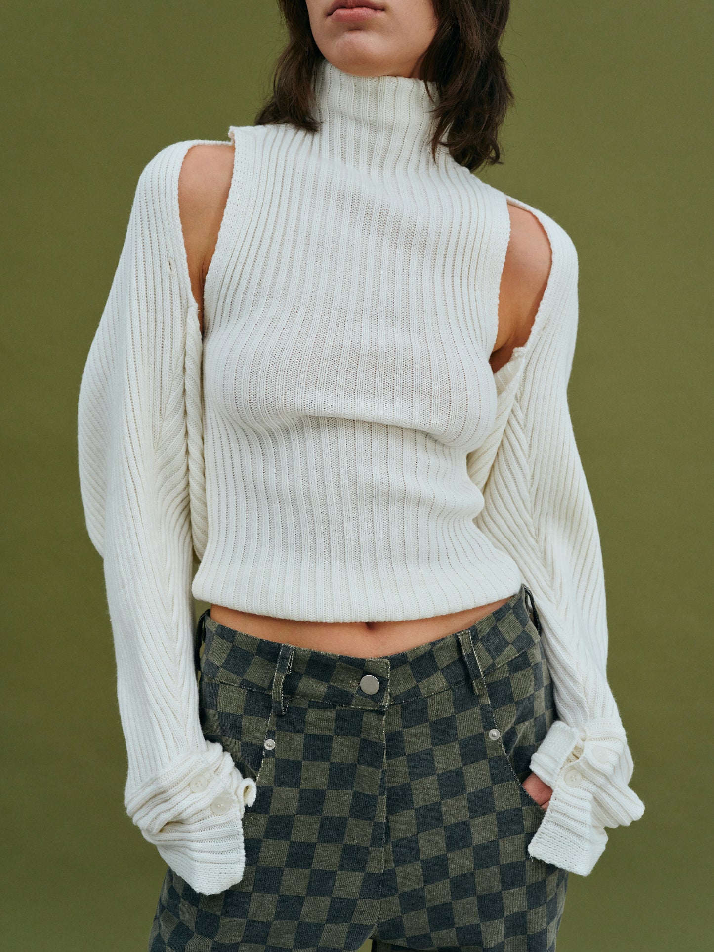 Sweater Sleeve Turtleneck Tank Set, White