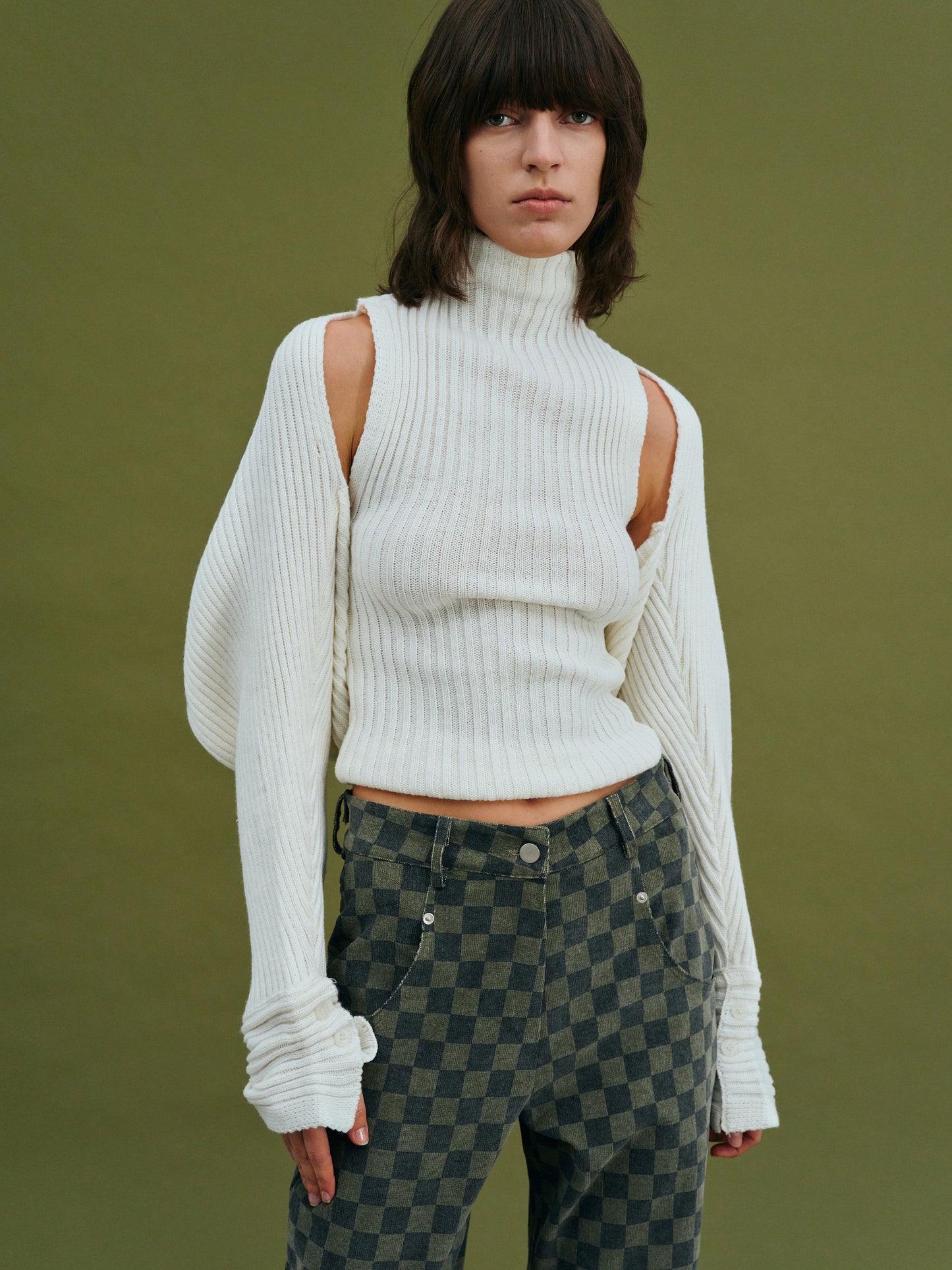Sweater Sleeve Turtleneck Tank Set, White