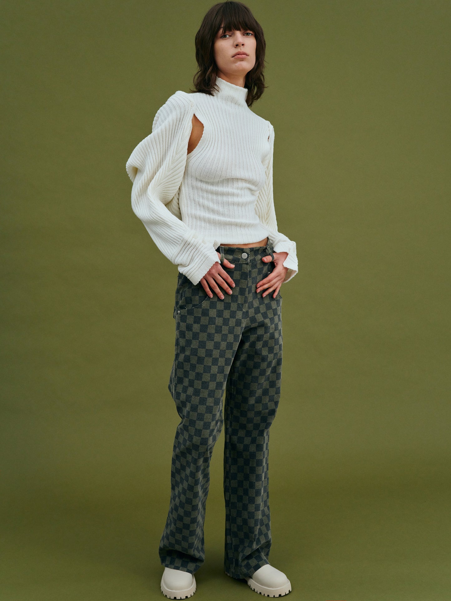 Sweater Sleeve Turtleneck Tank Set, White