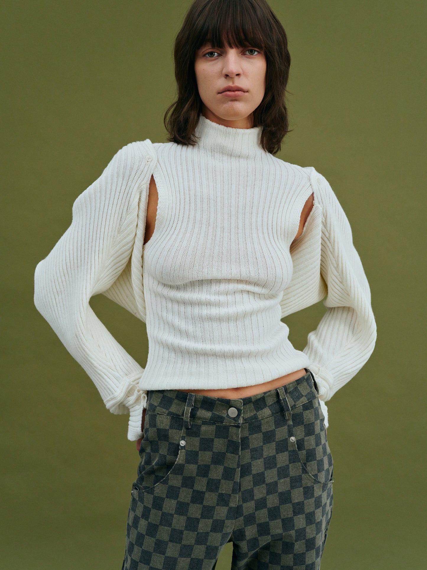 Sweater Sleeve Turtleneck Tank Set, White