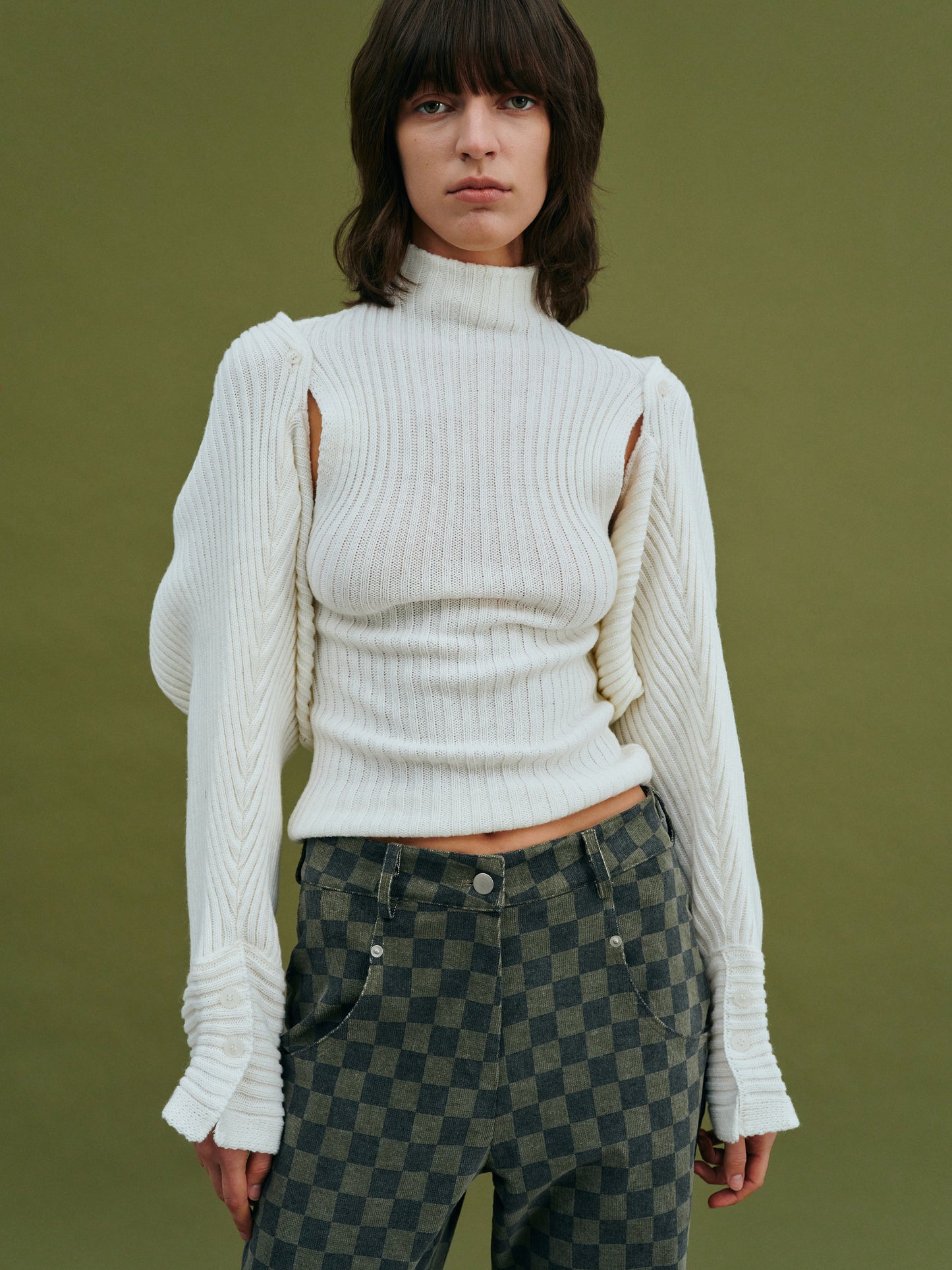 Sweater Sleeve Turtleneck Tank Set, White