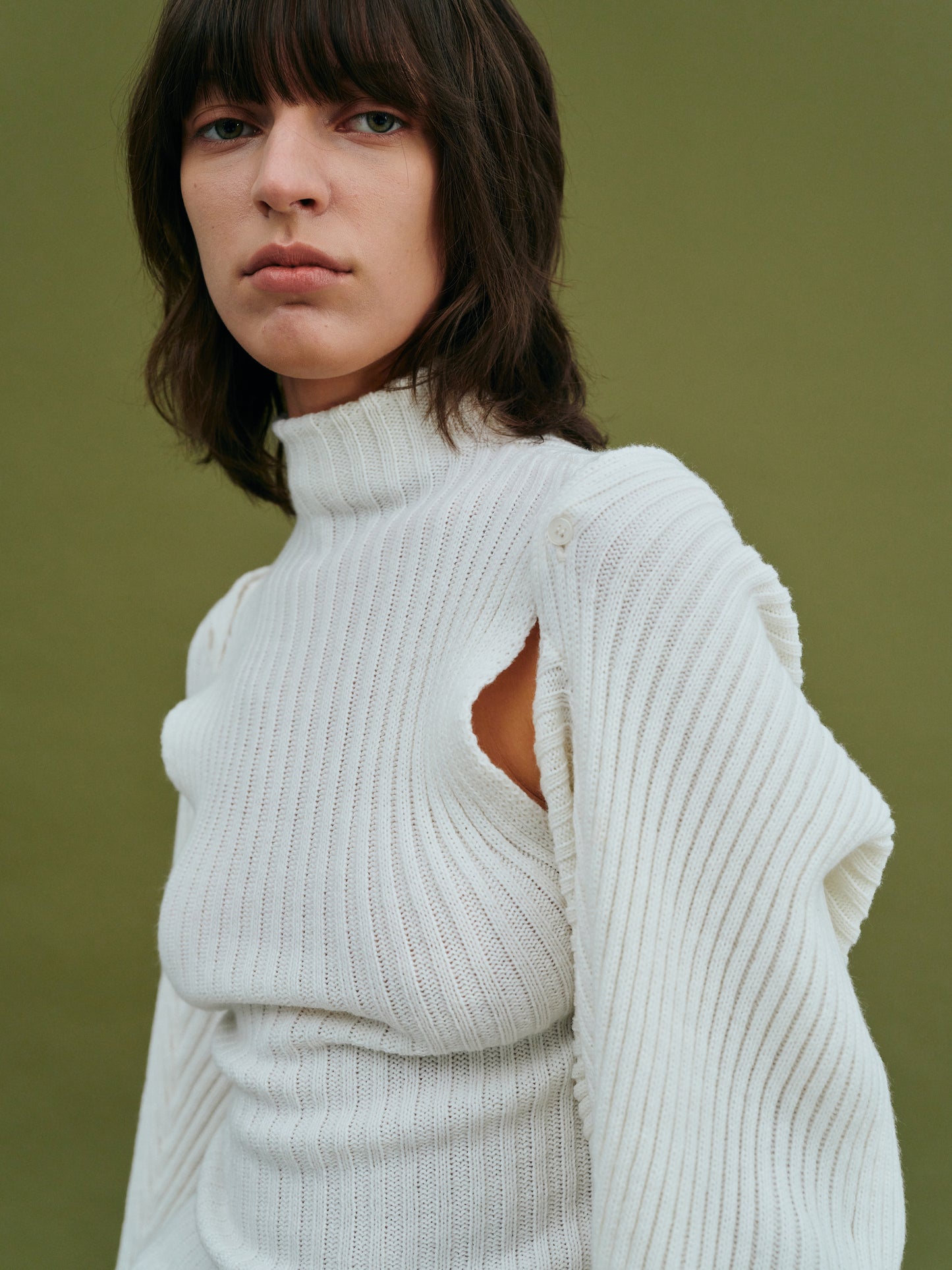 Sweater Sleeve Turtleneck Tank Set, White