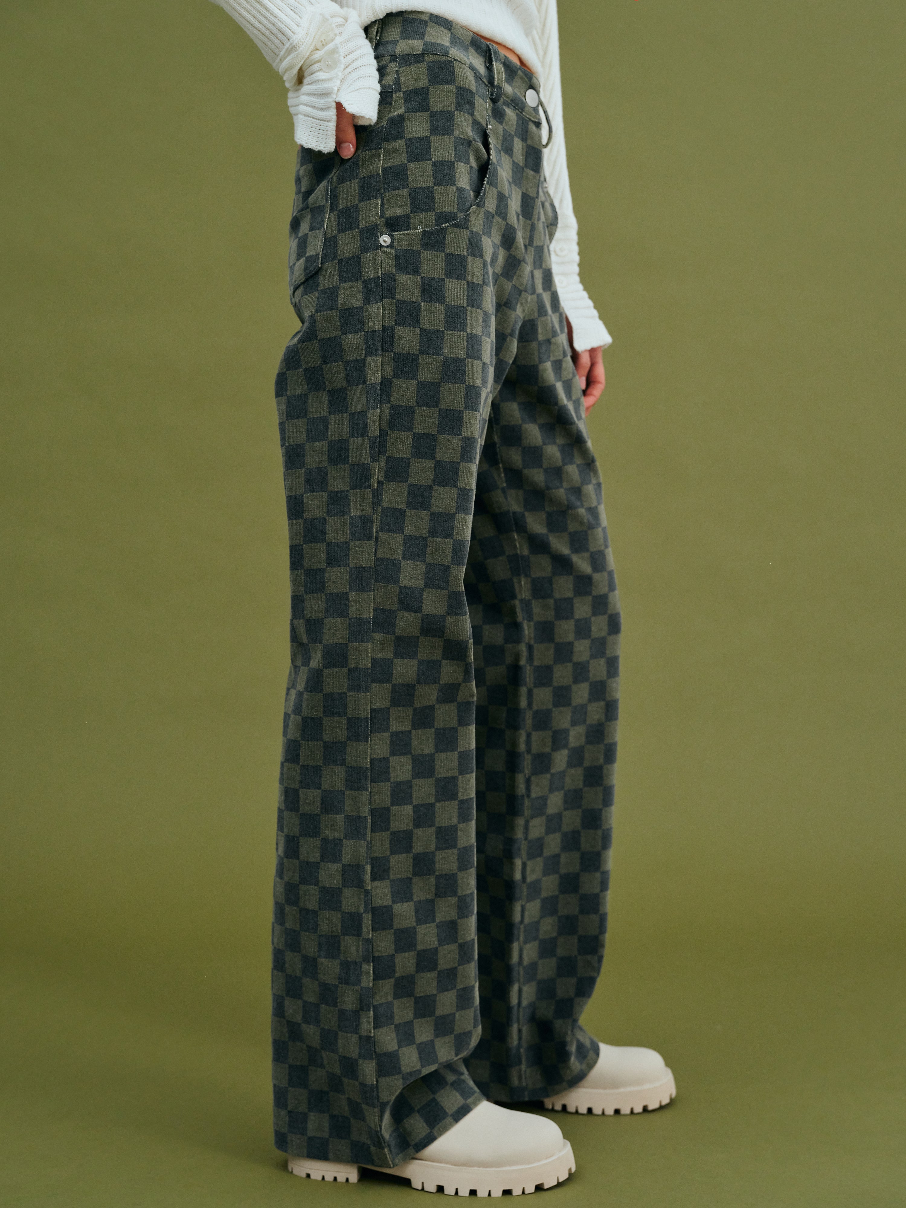 High Quality Denim Pants New Checkerboard Mid Waist Plaid Jeans