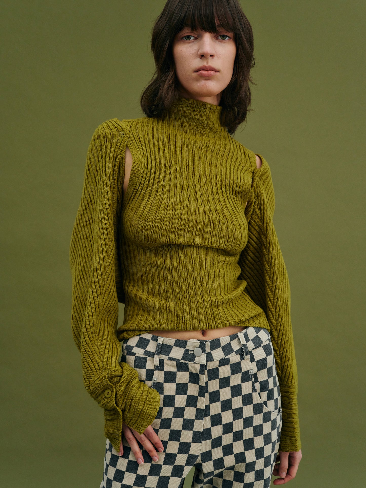 Sweater Sleeve Turtleneck Tank Set, Olive