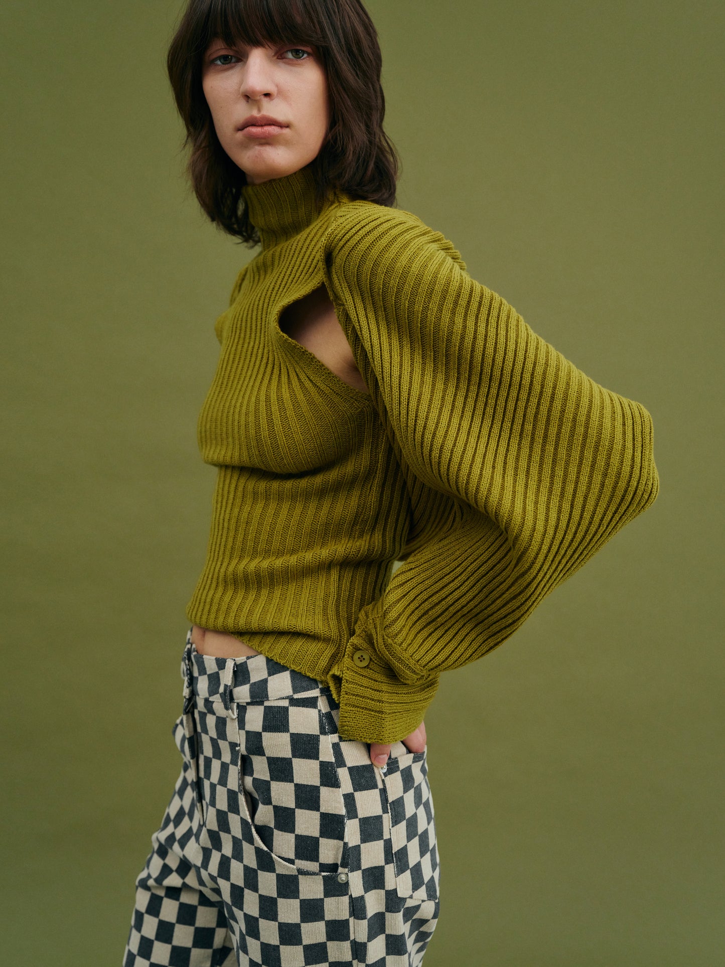Sweater Sleeve Turtleneck Tank Set, Olive