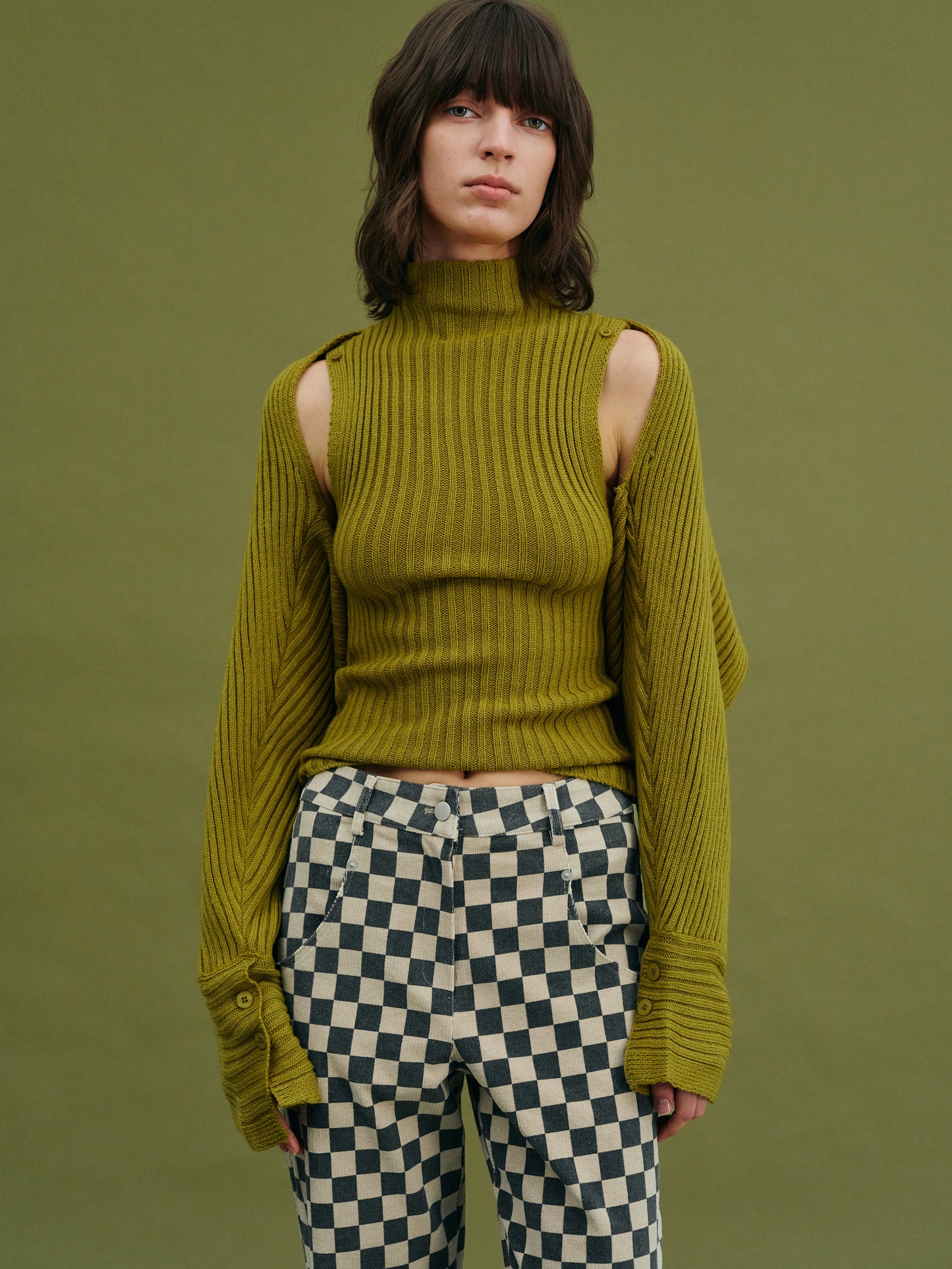 Sweater Sleeve Turtleneck Tank Set, Olive