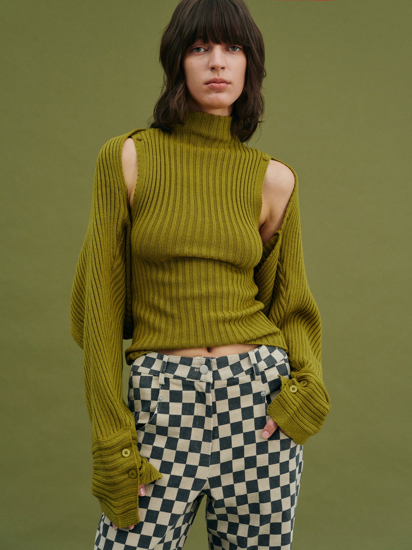 Sweater Sleeve Turtleneck Tank Set, Olive