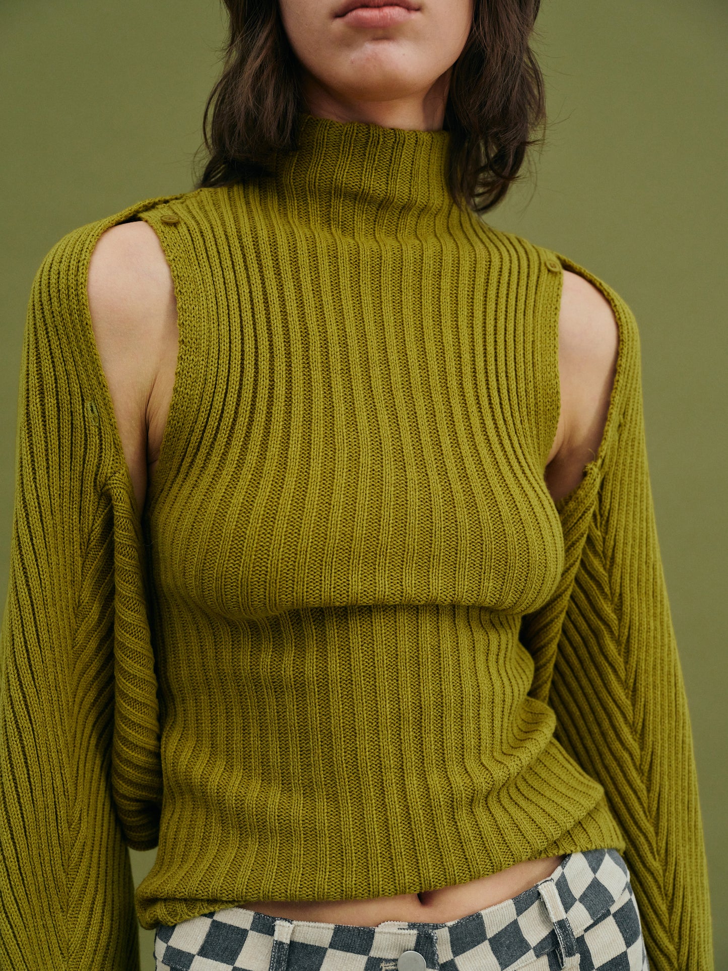 Sweater Sleeve Turtleneck Tank Set, Olive