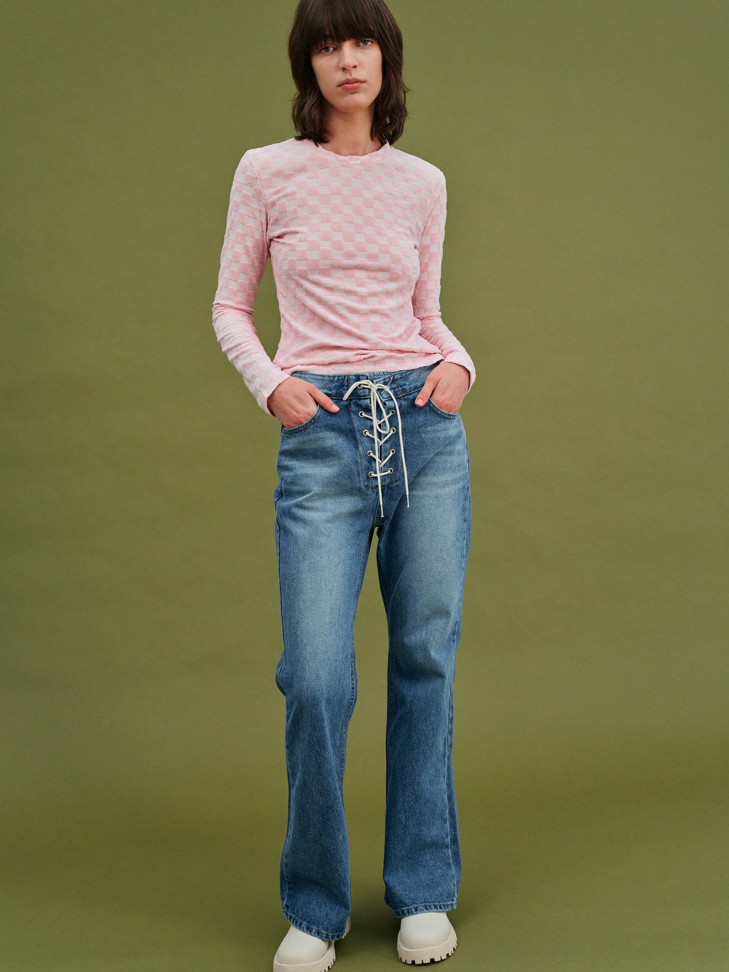 Checkerboard Terry Cotton Top, Baby Pink
