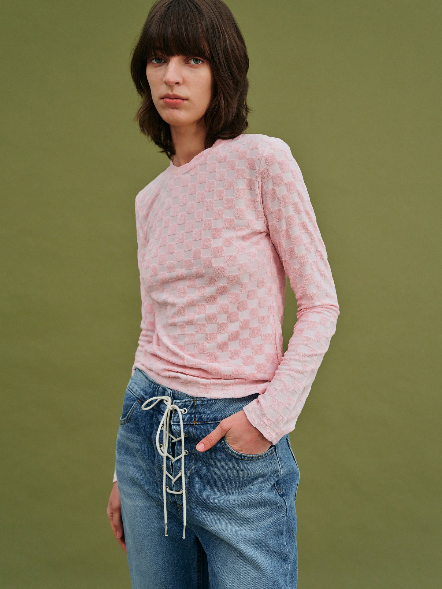 Checkerboard Terry Cotton Top, Baby Pink