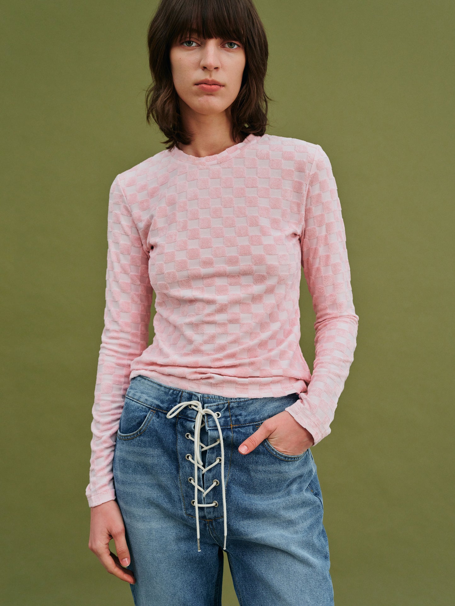 Checkerboard Terry Cotton Top, Baby Pink
